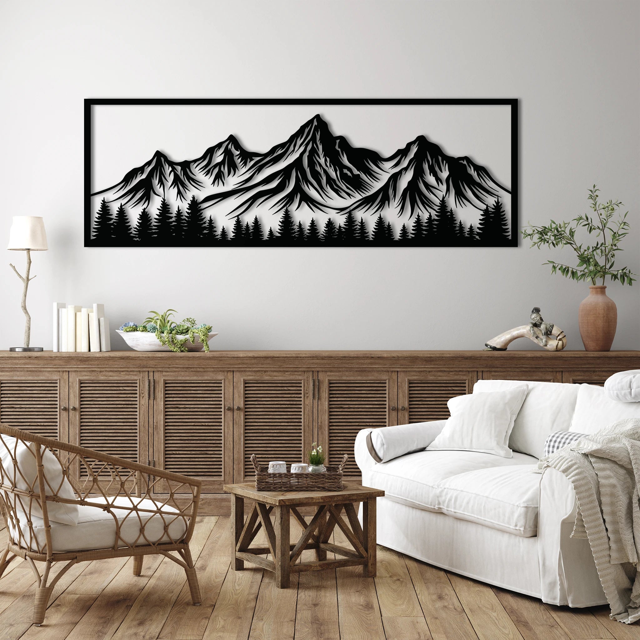 Scenic Mountain Forest Metal Wall Art 90 × 31 cm / Black