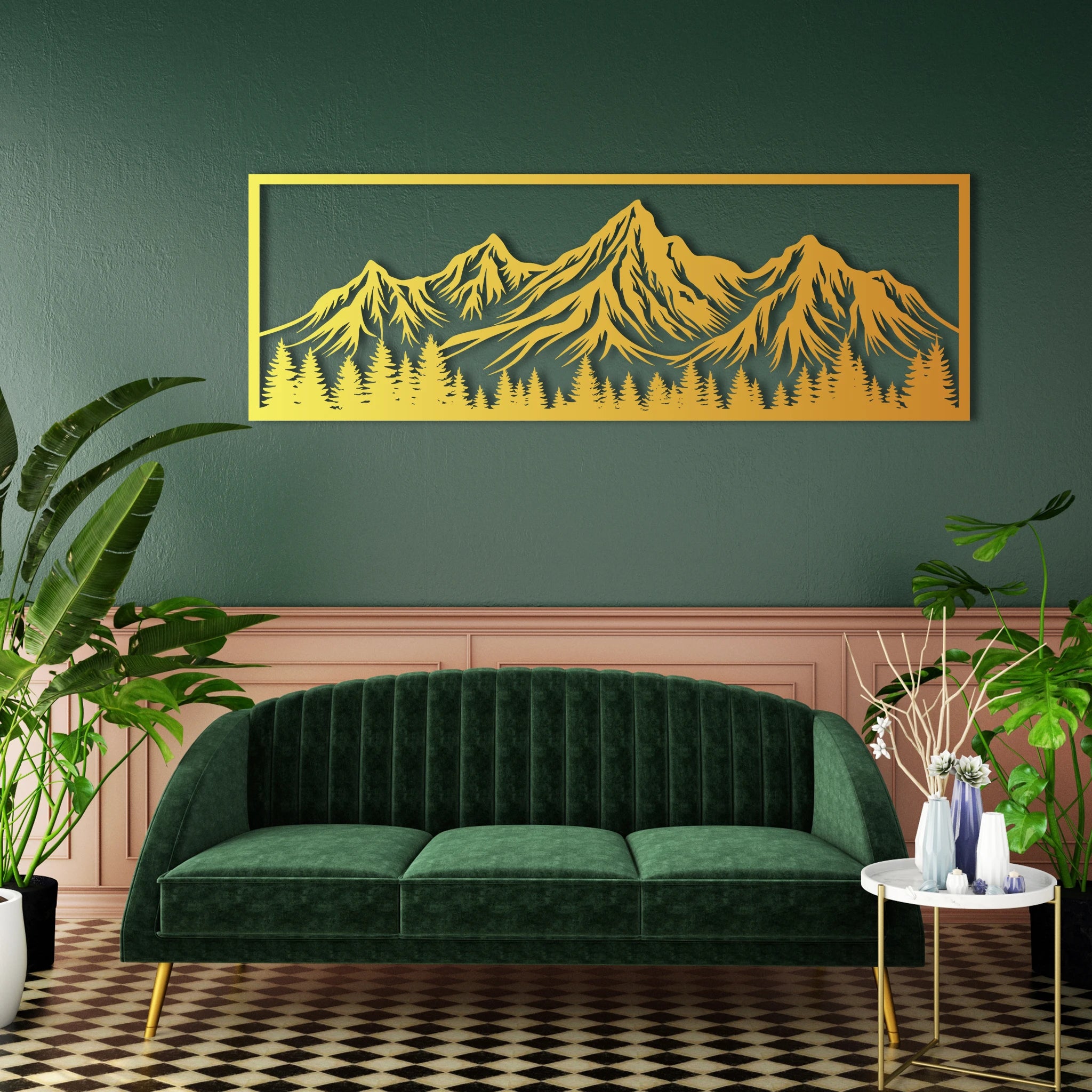 Scenic Mountain Forest Metal Wall Art 90 × 31 cm / Black