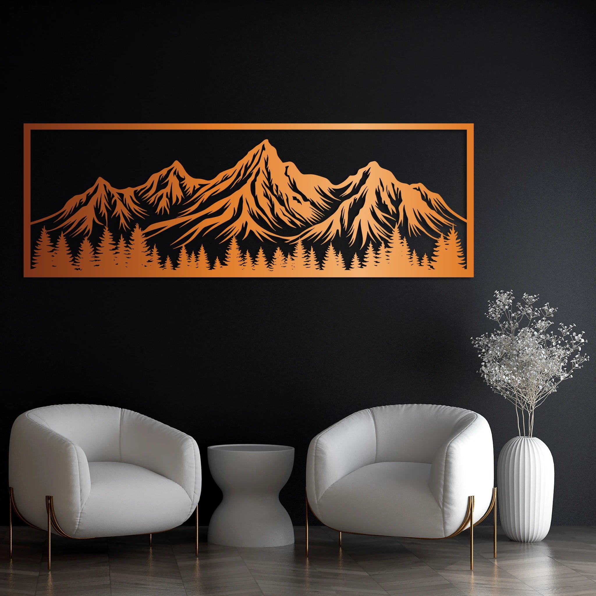 Scenic Mountain Forest Metal Wall Art 90 × 31 cm / Black