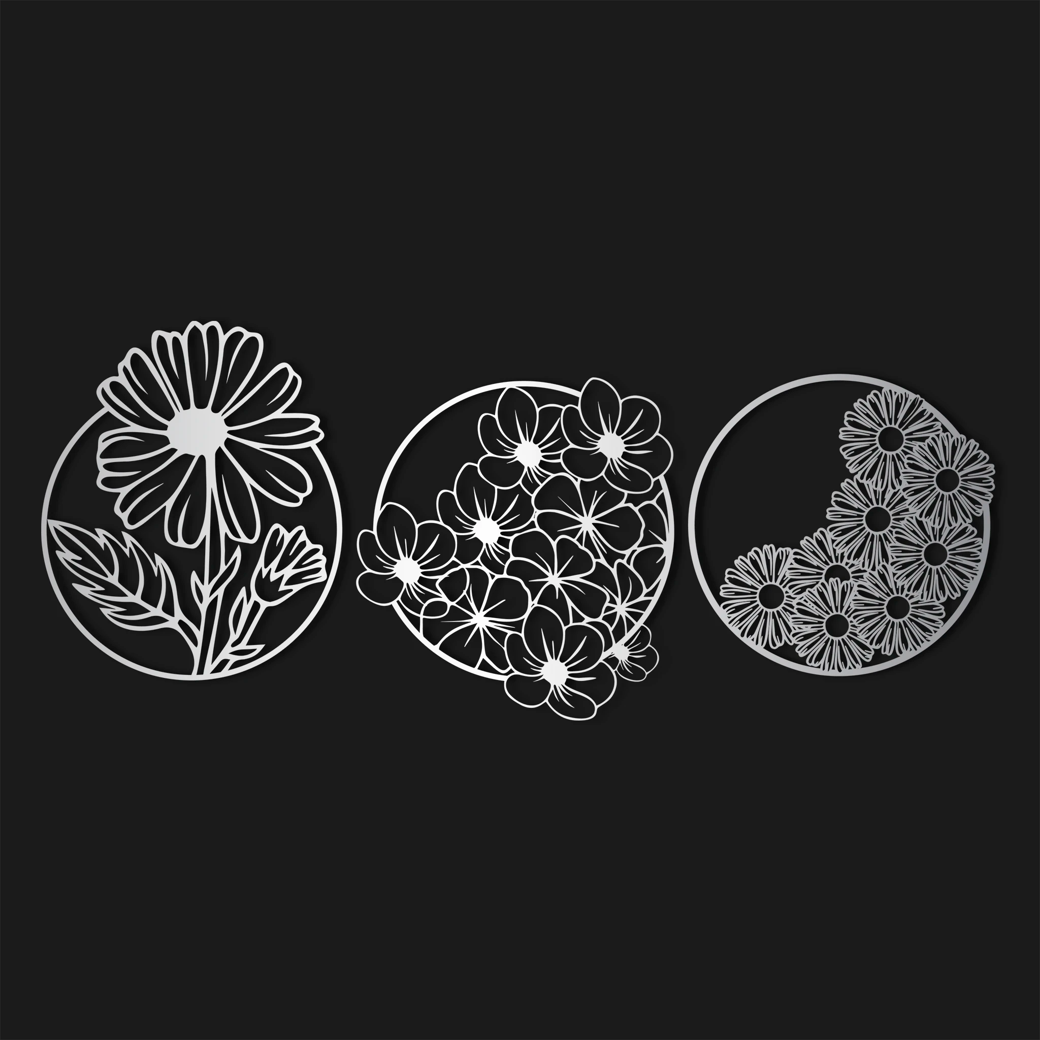 Whimsical Floral Circle Metal Wall Art Set 40 × 40 cm / Black