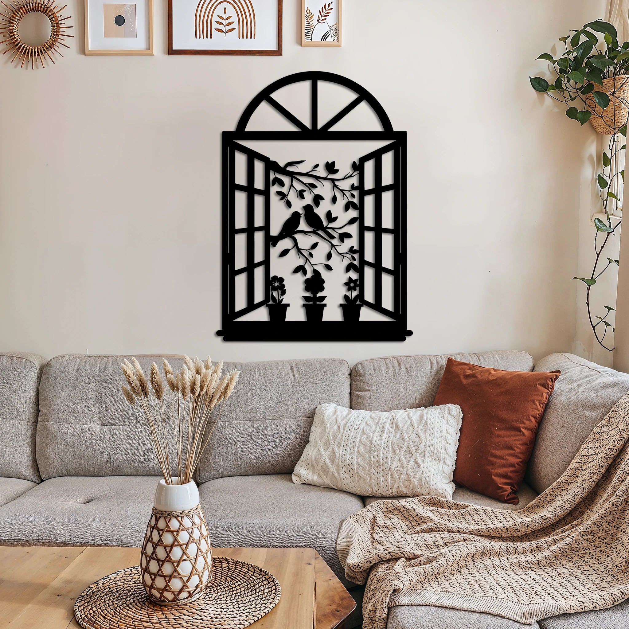 Charming Window Birds Metal Wall Art 45 × 62 cm / Black
