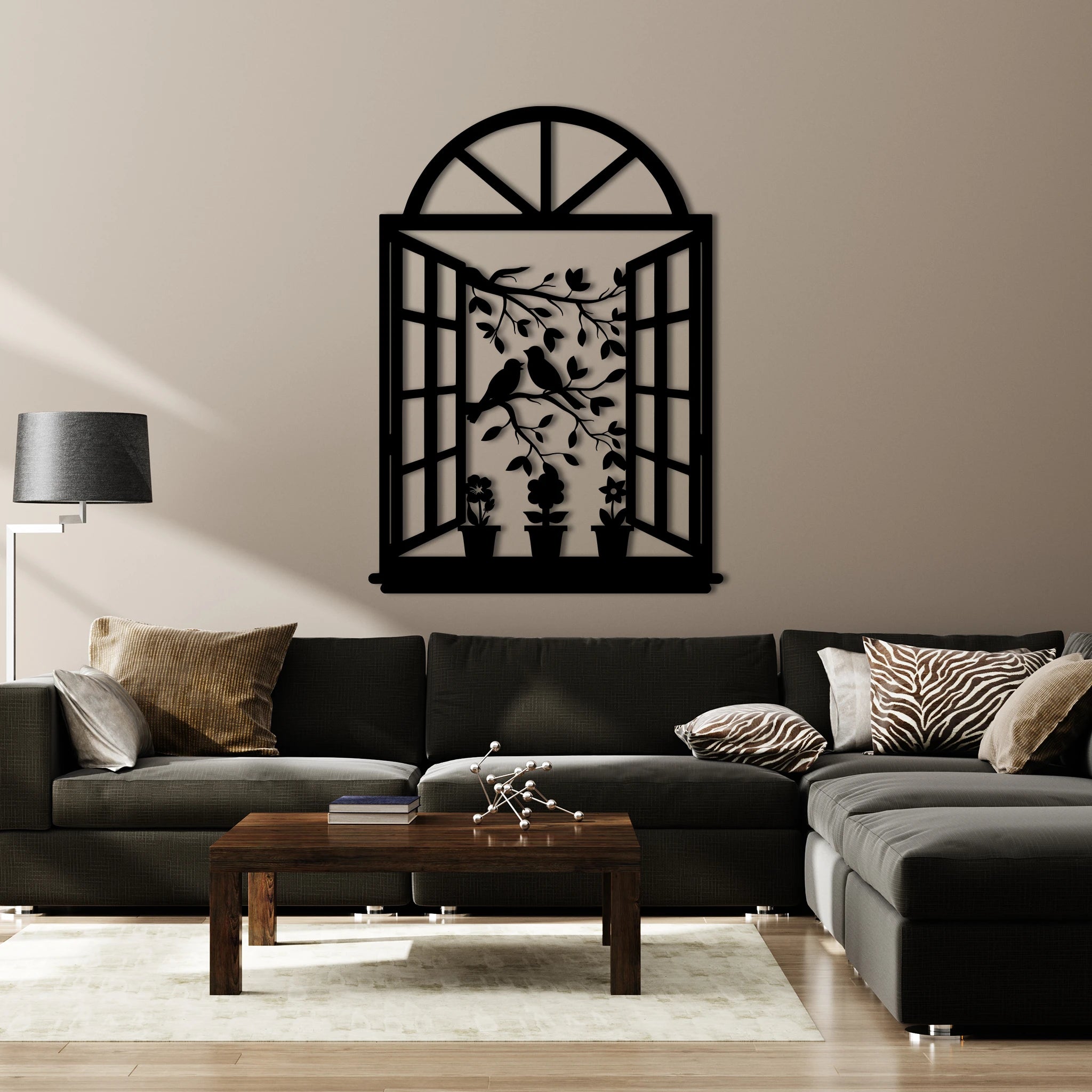 Charming Window Birds Metal Wall Art 45 × 62 cm / Black