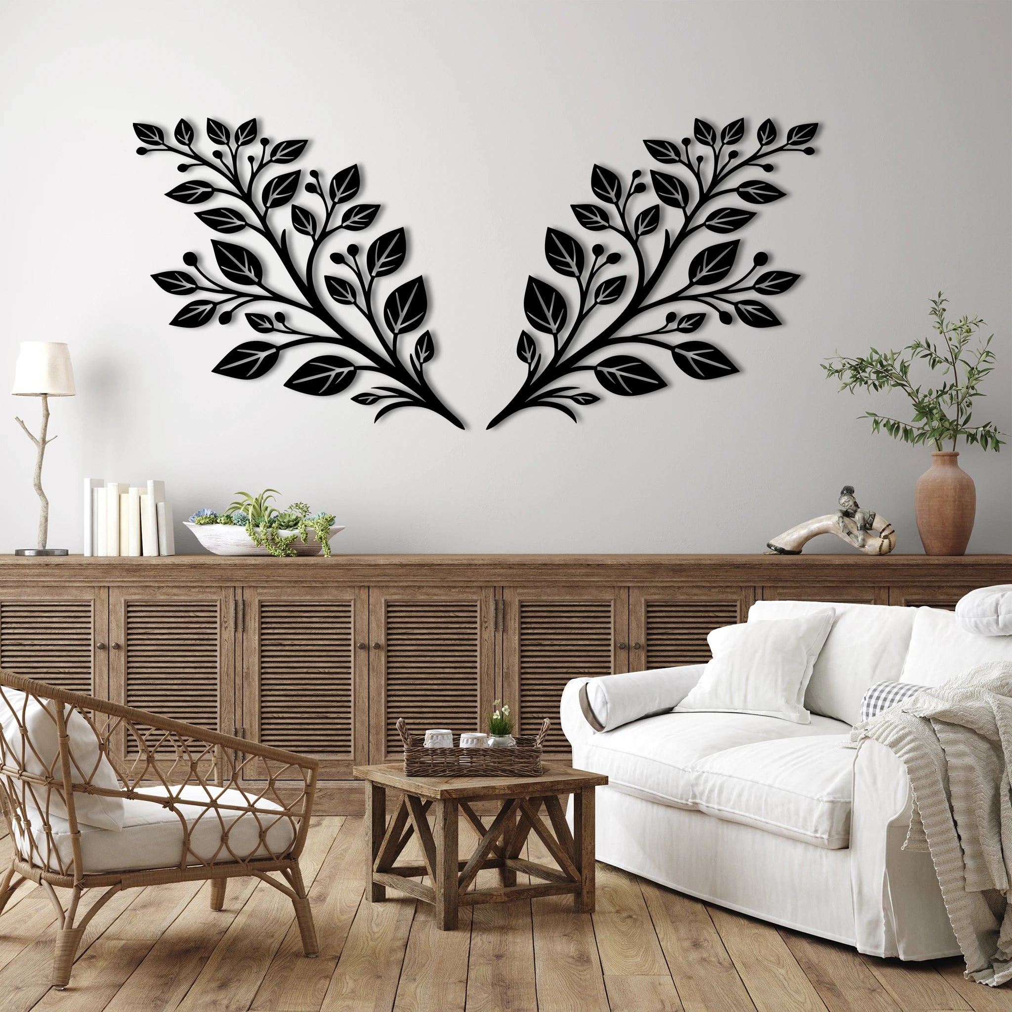 Refined Botanical Leaves Metal Wall Art Set 75 × 70 cm / Black