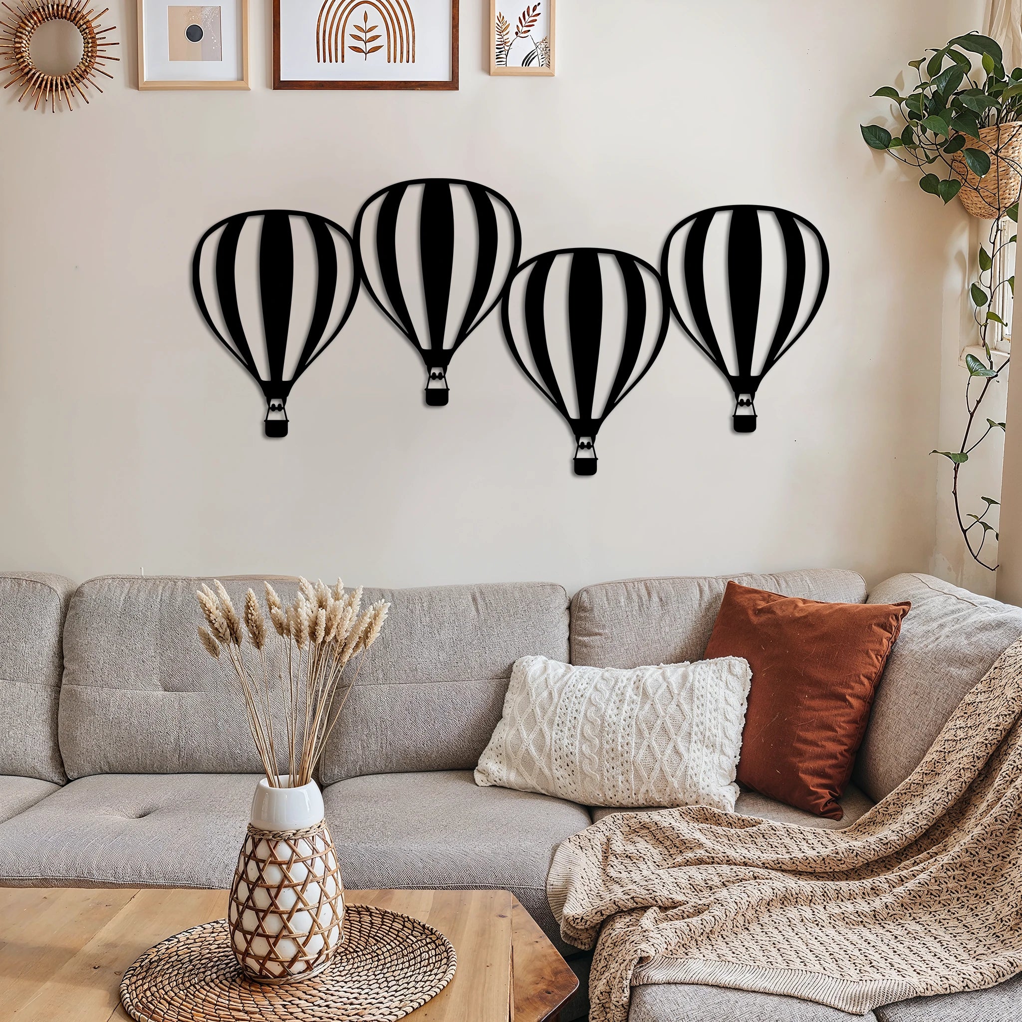 Playful Hot Air Balloon Metal Wall Art 80 × 37 cm / Black