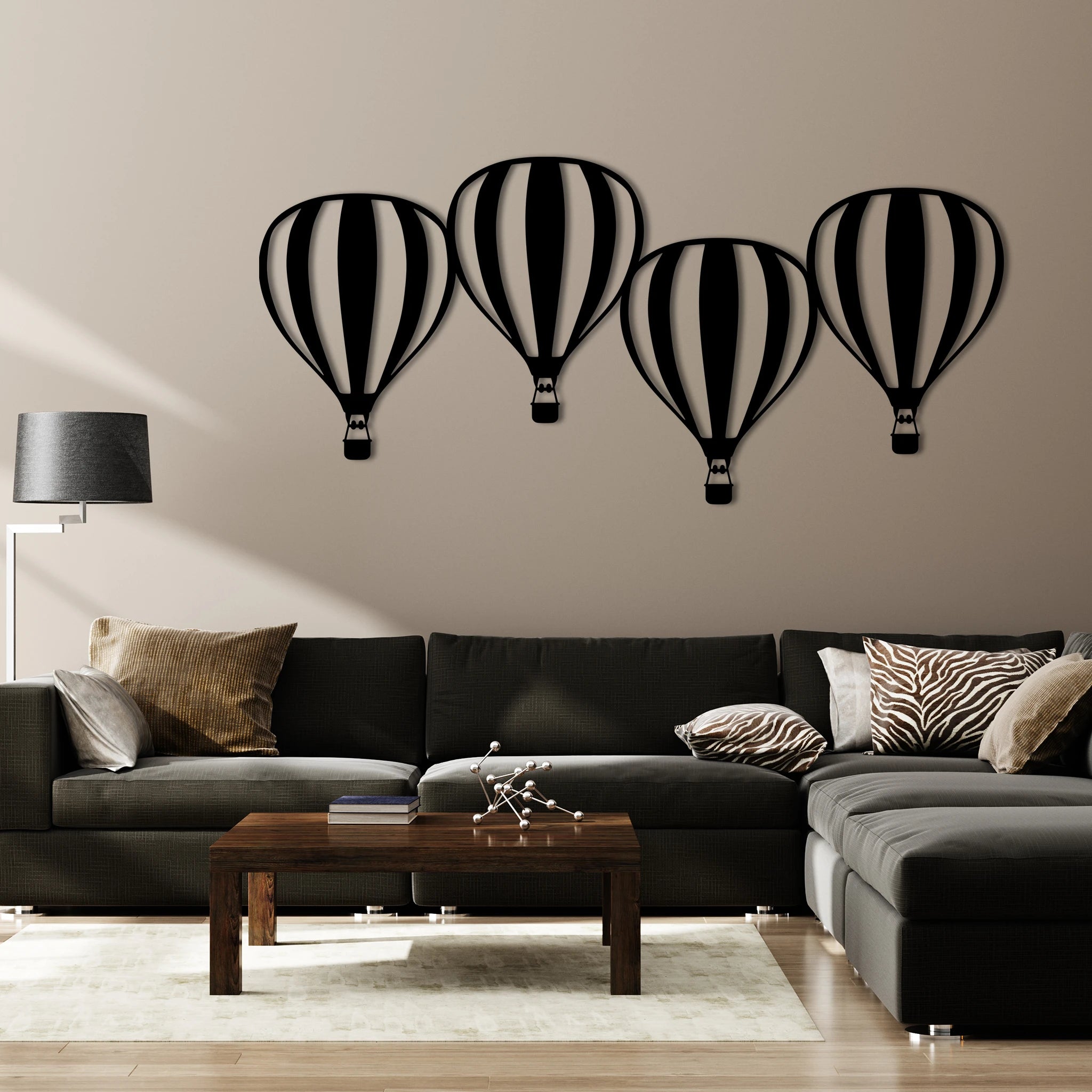 Playful Hot Air Balloon Metal Wall Art 80 × 37 cm / Black