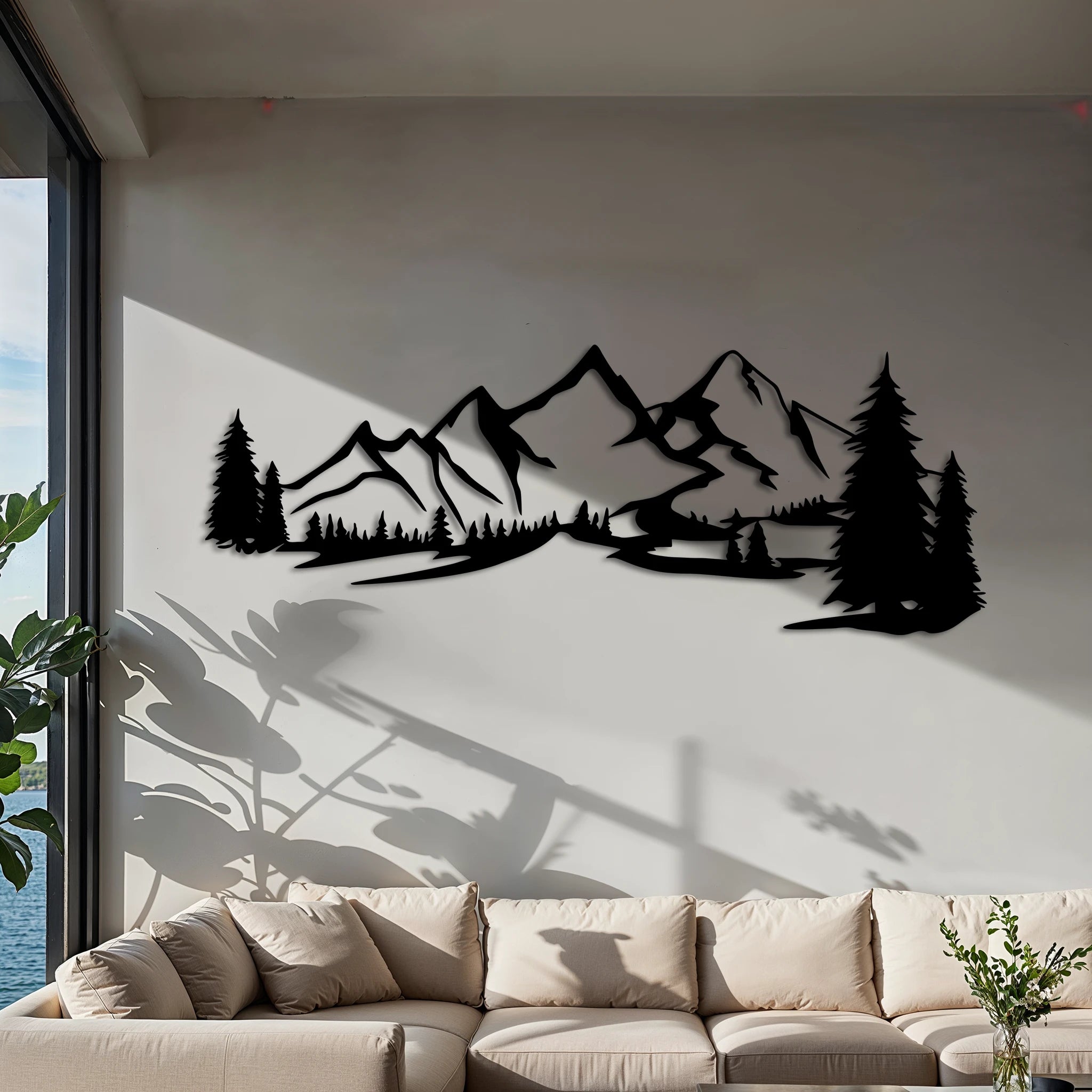 Rustic Mountain Pine Metal Wall Art 75 × 28 cm / Black