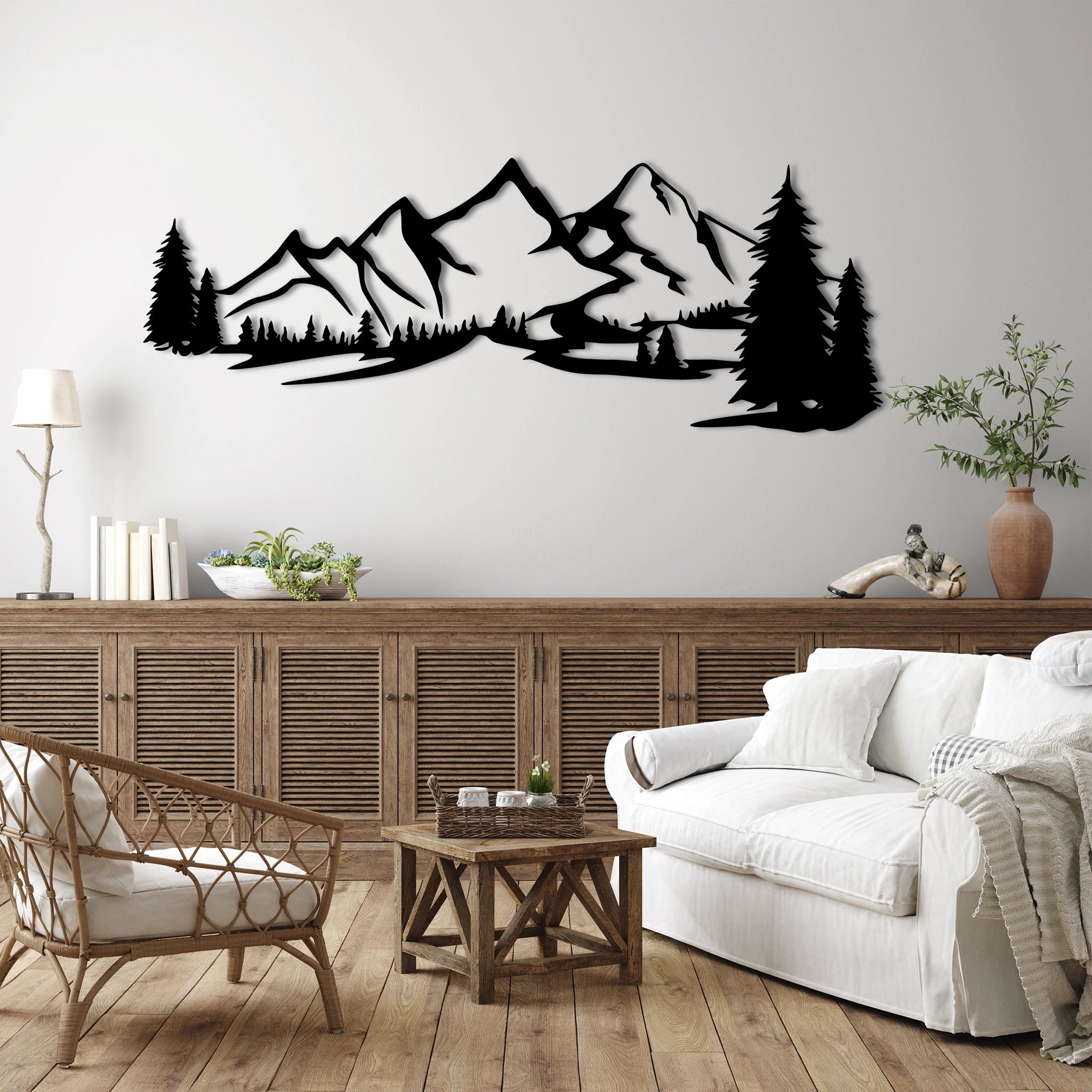 Rustic Mountain Pine Metal Wall Art 75 × 28 cm / Black