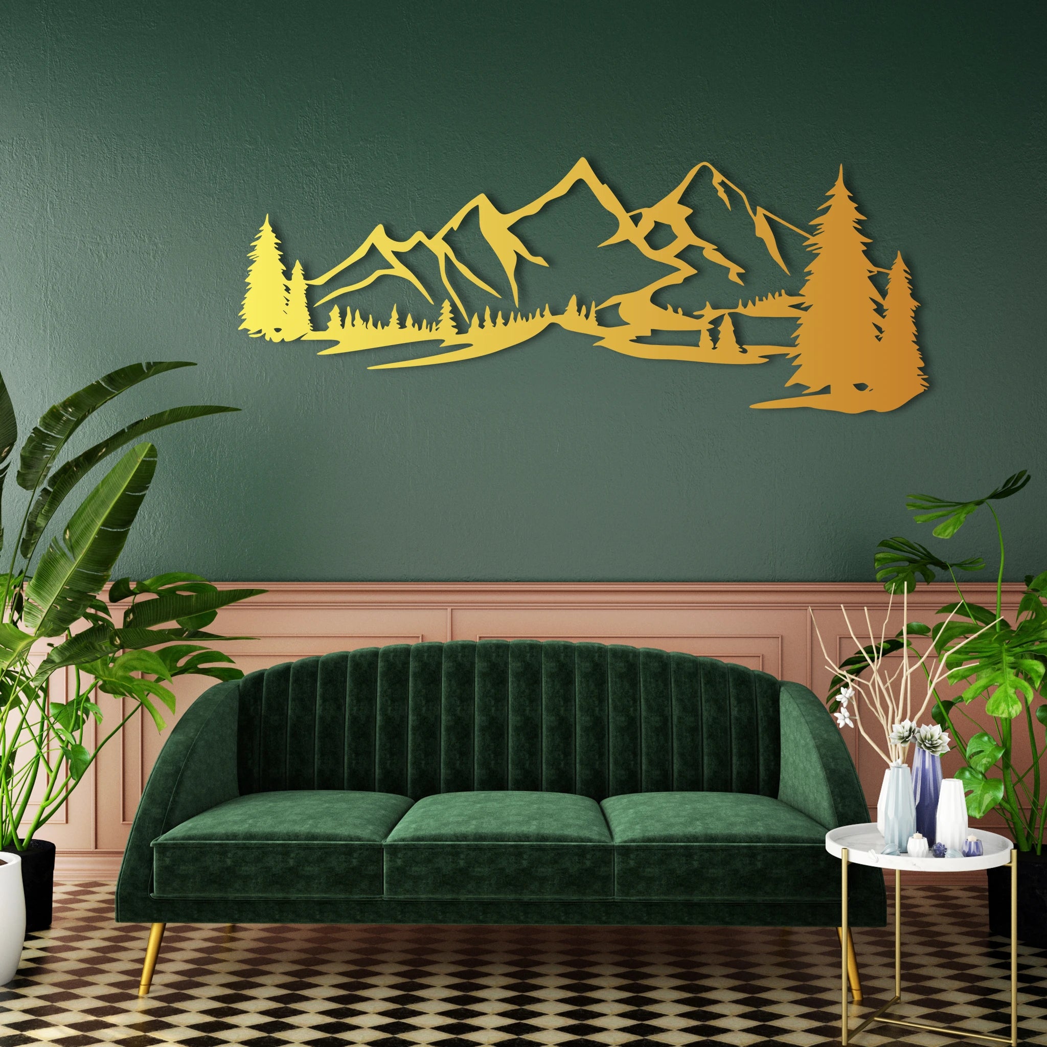 Rustic Mountain Pine Metal Wall Art 75 × 28 cm / Black