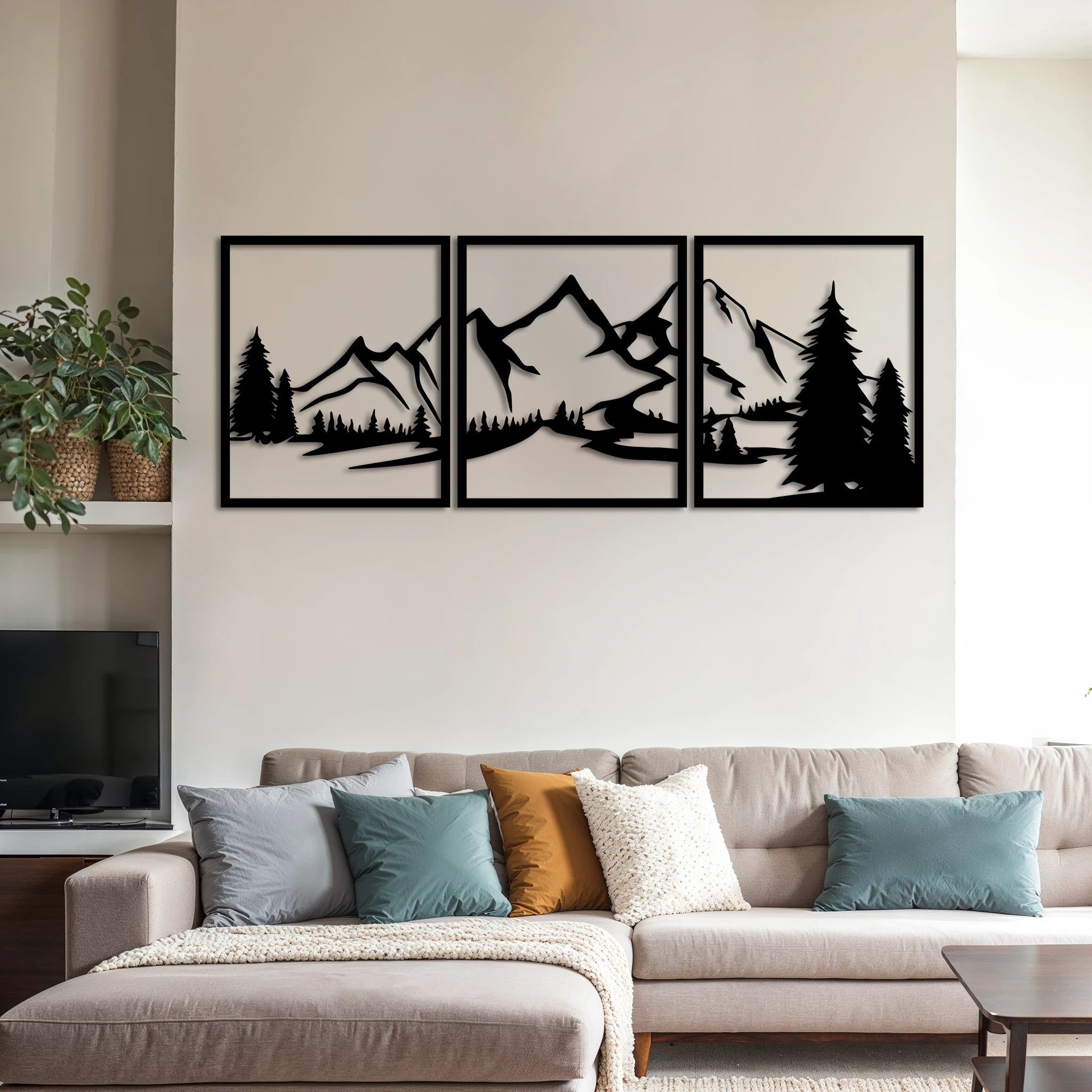 Scenic Mountain Landscape Metal Wall Art Set 53 × 62 cm / Black