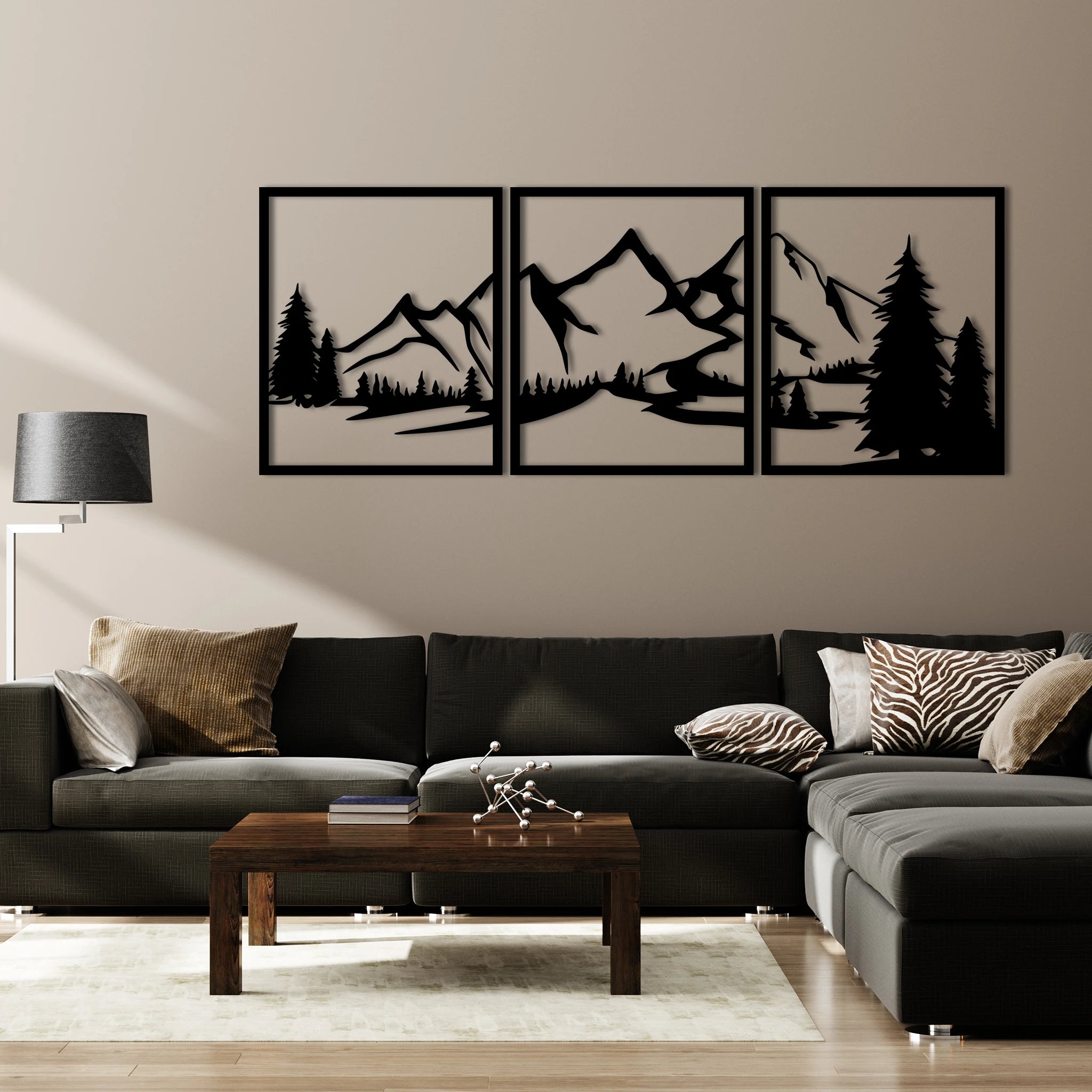 Scenic Mountain Landscape Metal Wall Art Set 53 × 62 cm / Black