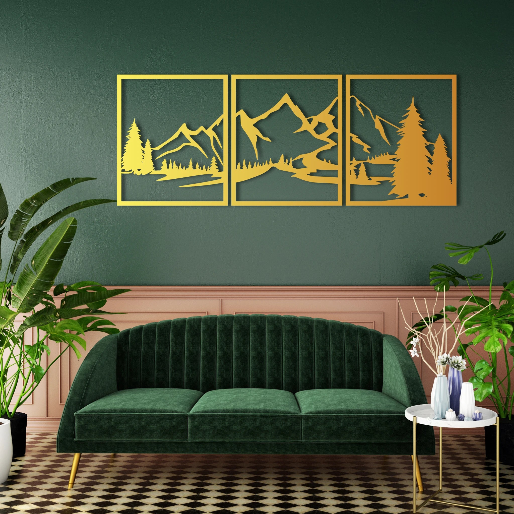 Scenic Mountain Landscape Metal Wall Art Set 53 × 62 cm / Black