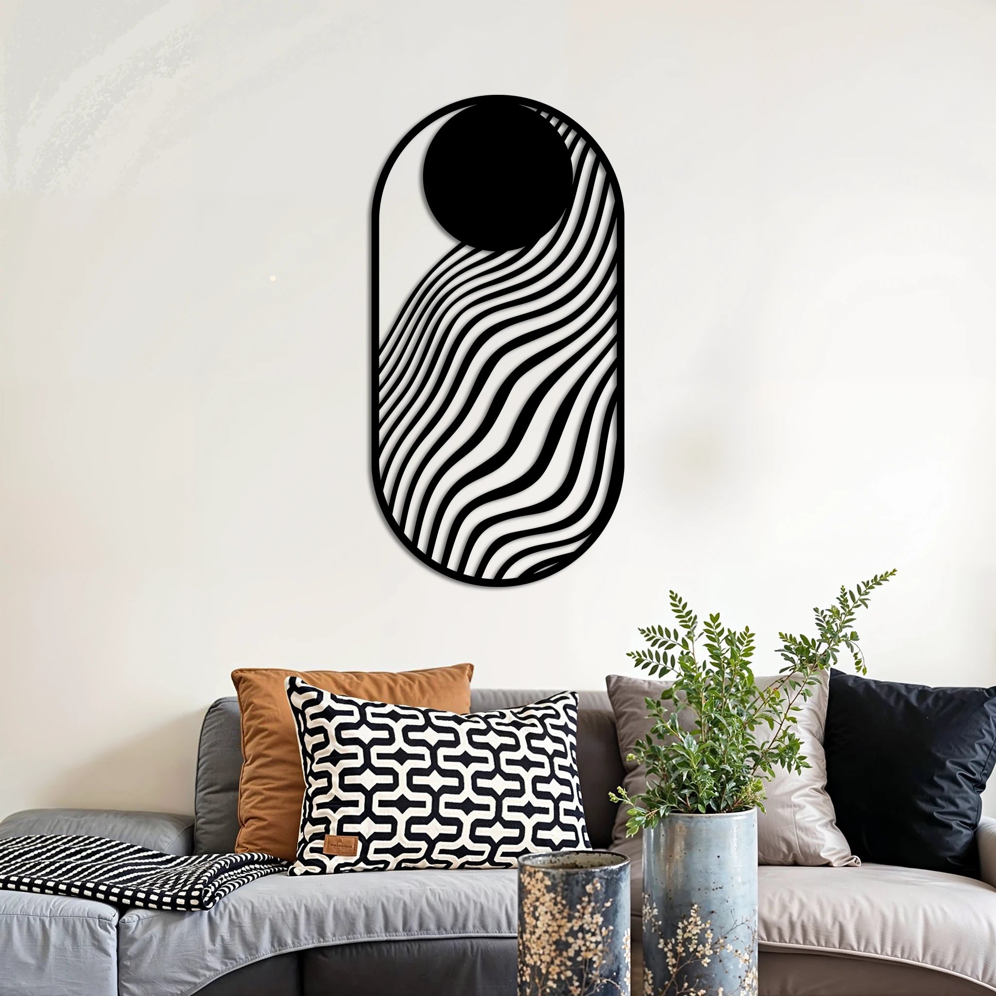 Modern Abstract Wave Metal Wall Art 39 × 75 cm / Black