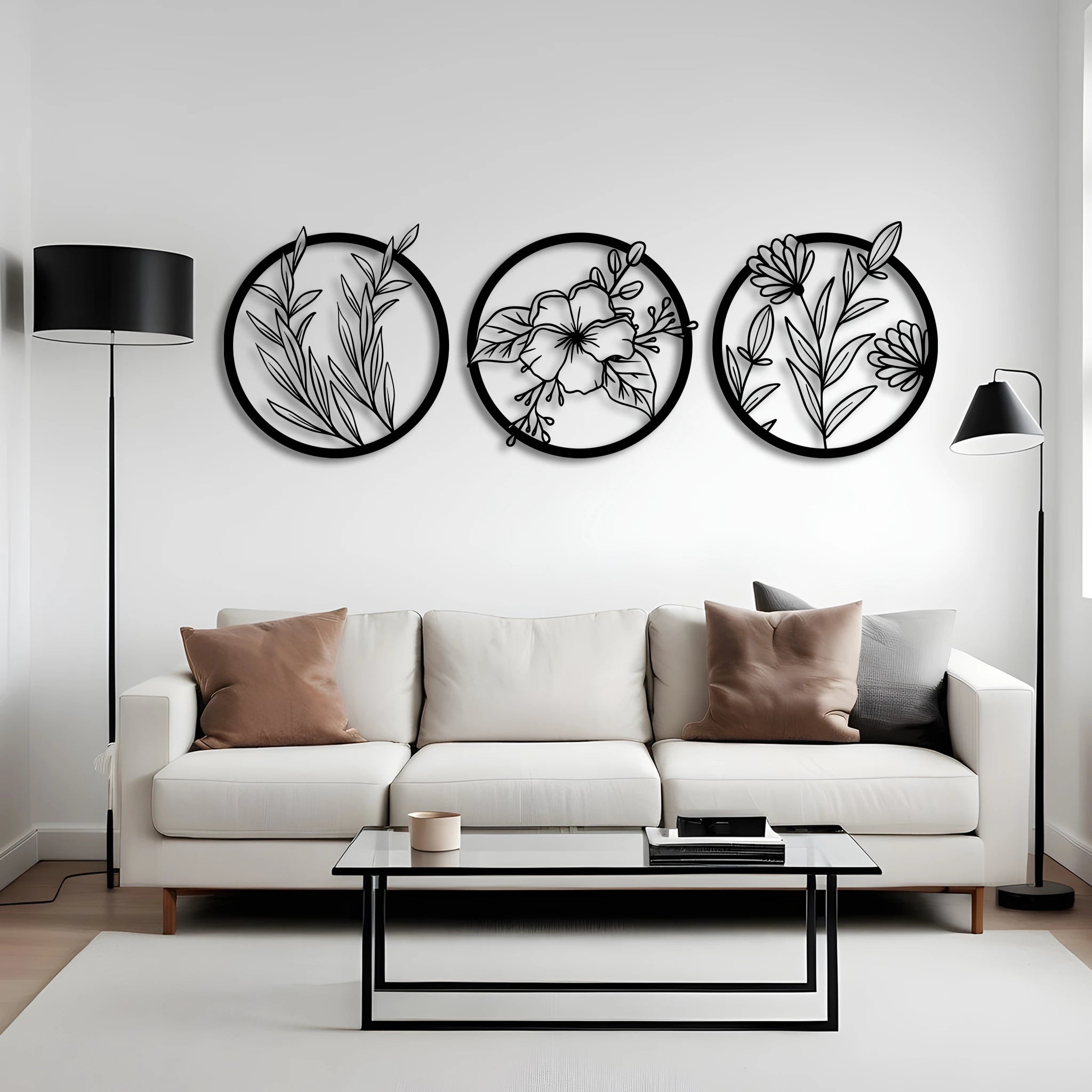Delicate Botanical Circle Metal Wall Art Set 60 × 60 cm / Black
