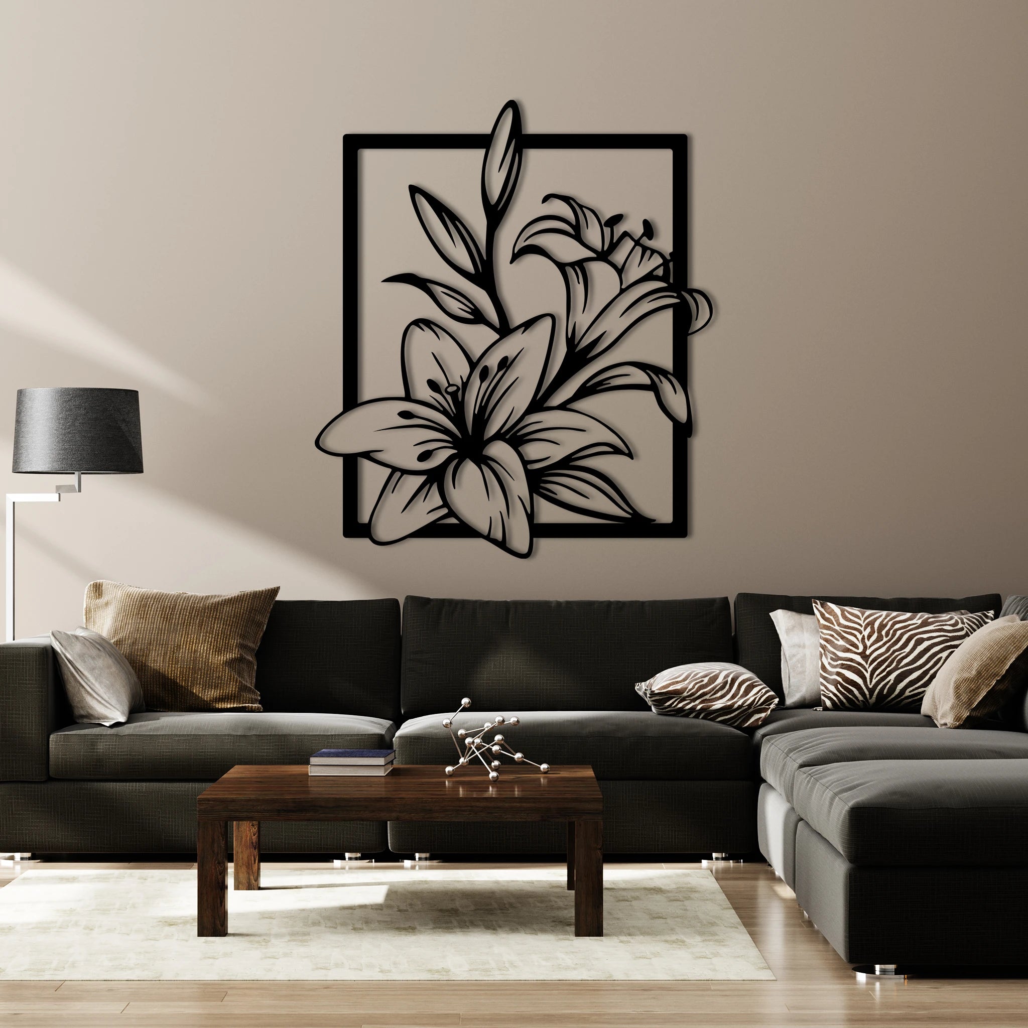 Refined Lily Floral Metal Wall Art 54 × 62 cm / Black