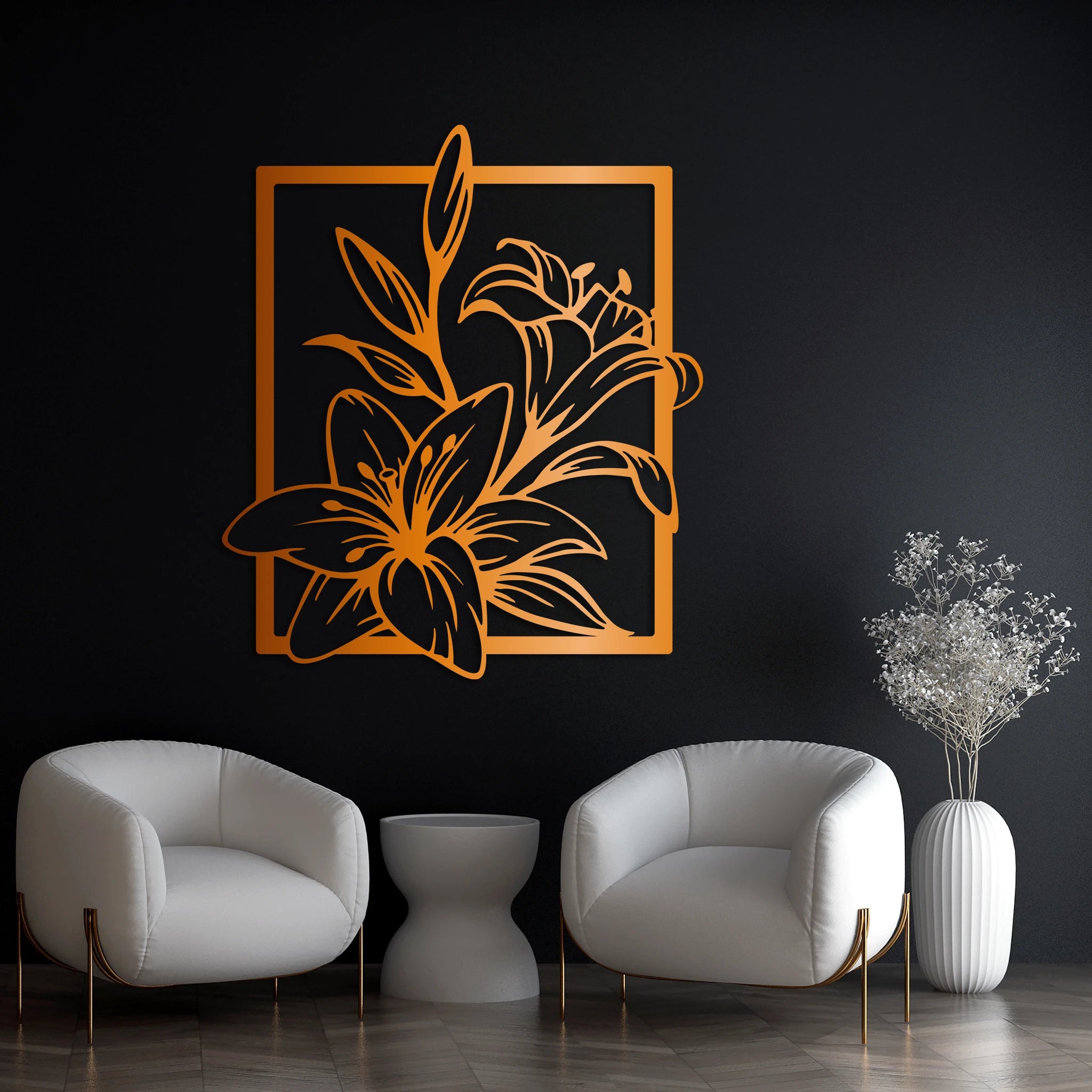 Refined Lily Floral Metal Wall Art 54 × 62 cm / Black