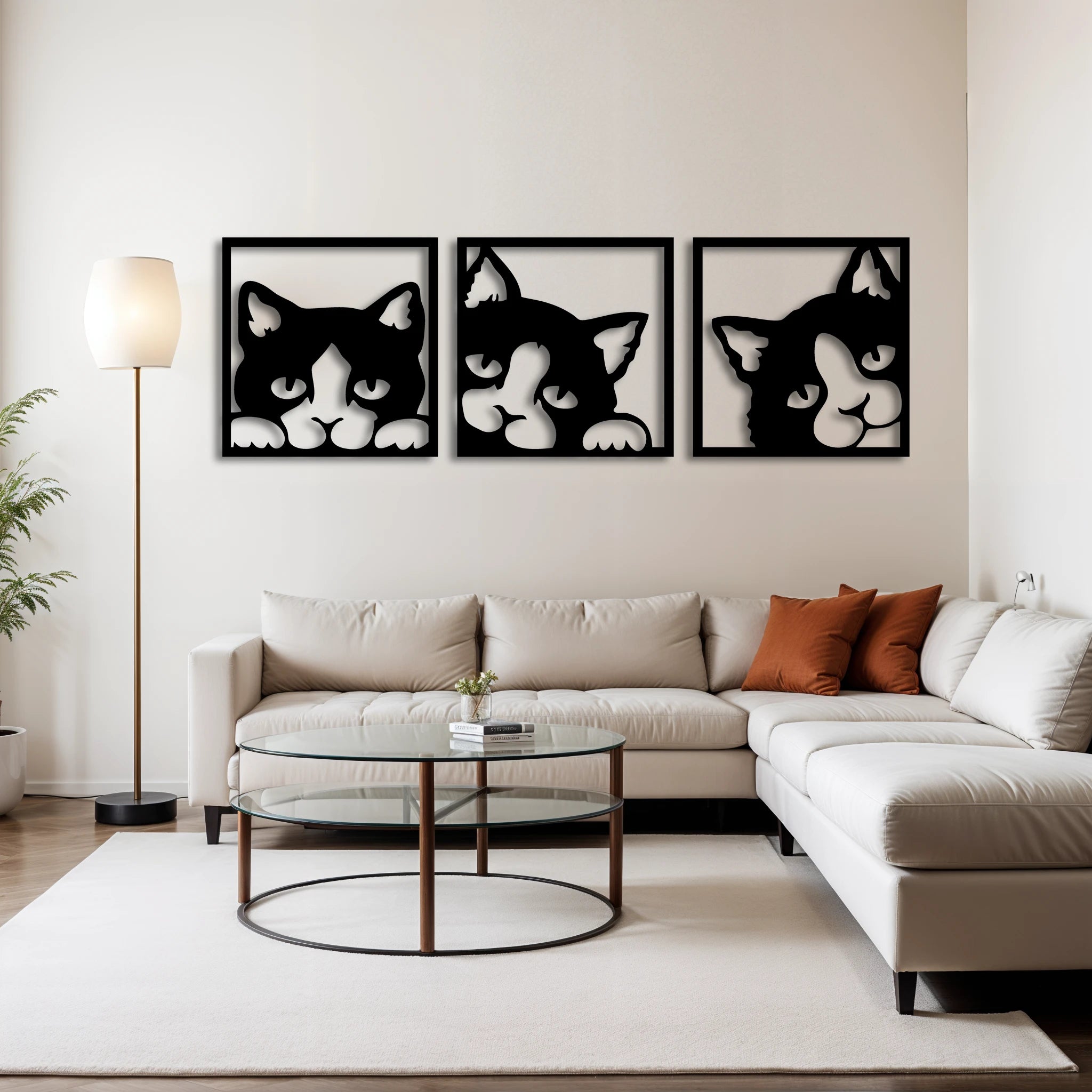 Playful Cat Faces Metal Wall Art Set 49 × 49 cm / Black