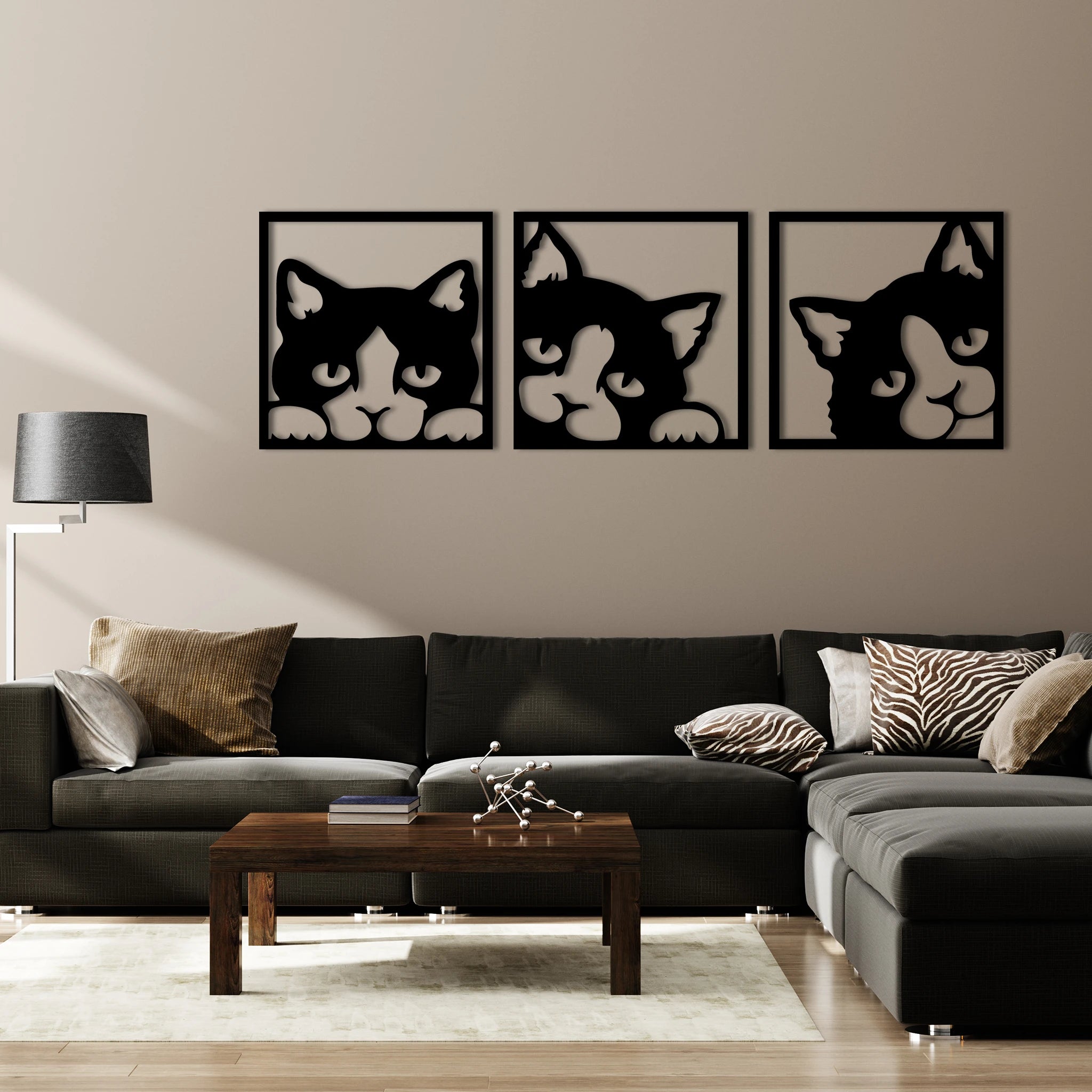 Playful Cat Faces Metal Wall Art Set 49 × 49 cm / Black