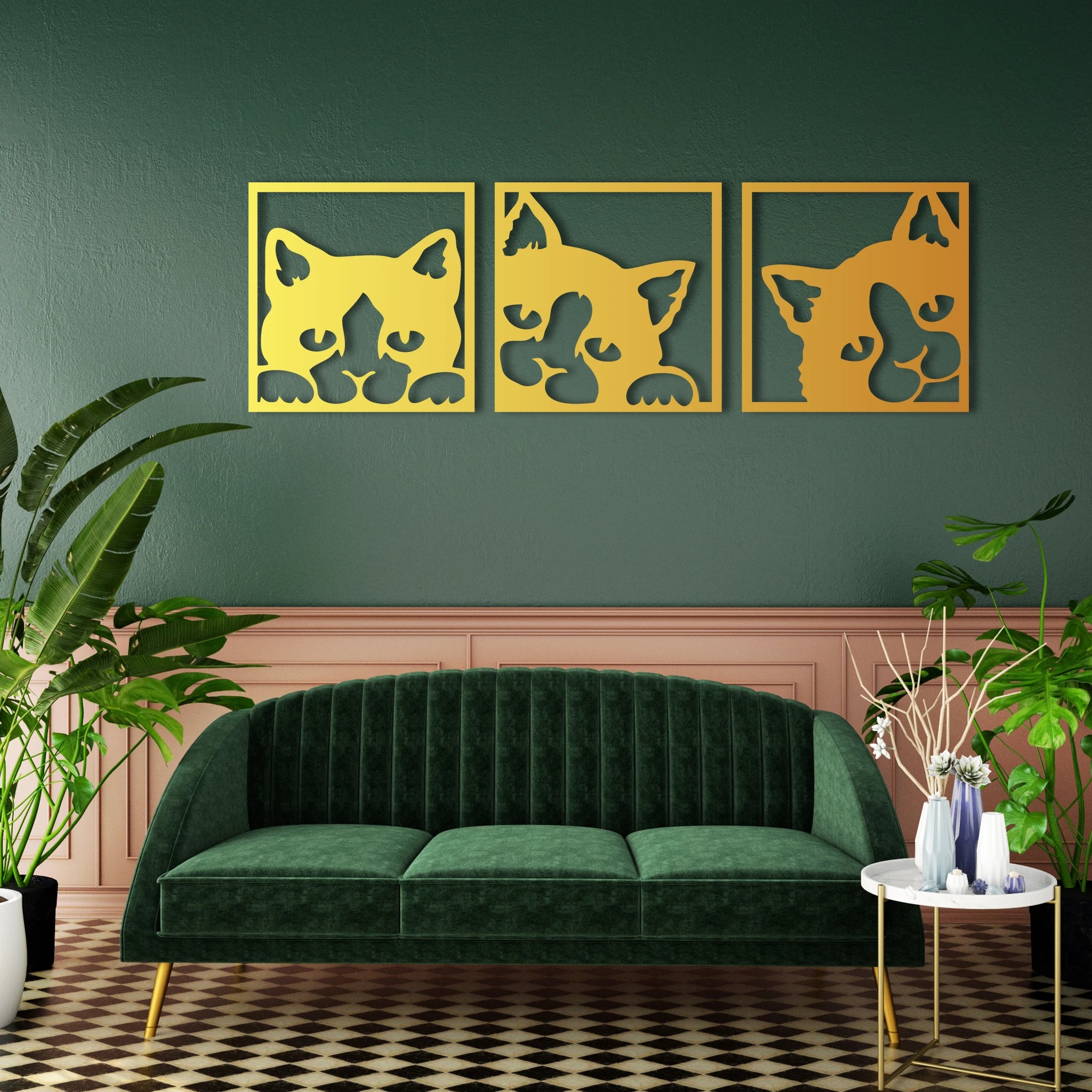 Playful Cat Faces Metal Wall Art Set 49 × 49 cm / Black