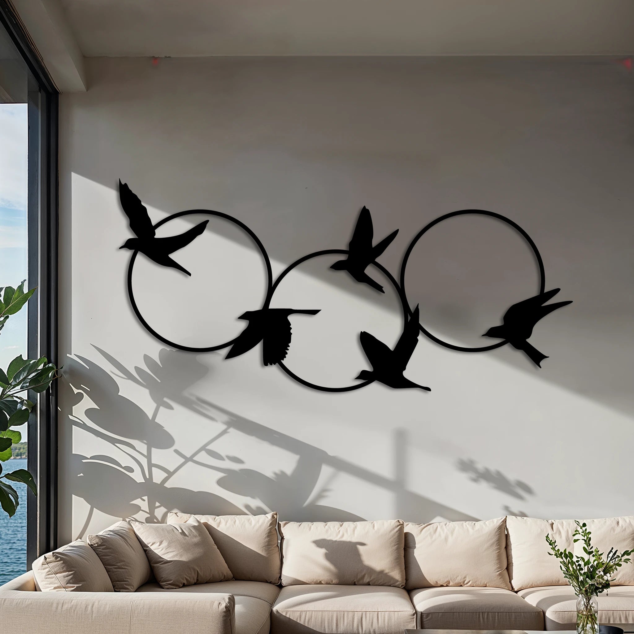 Contemporary Birds Circles Metal Wall Art 83 × 39 cm / Black