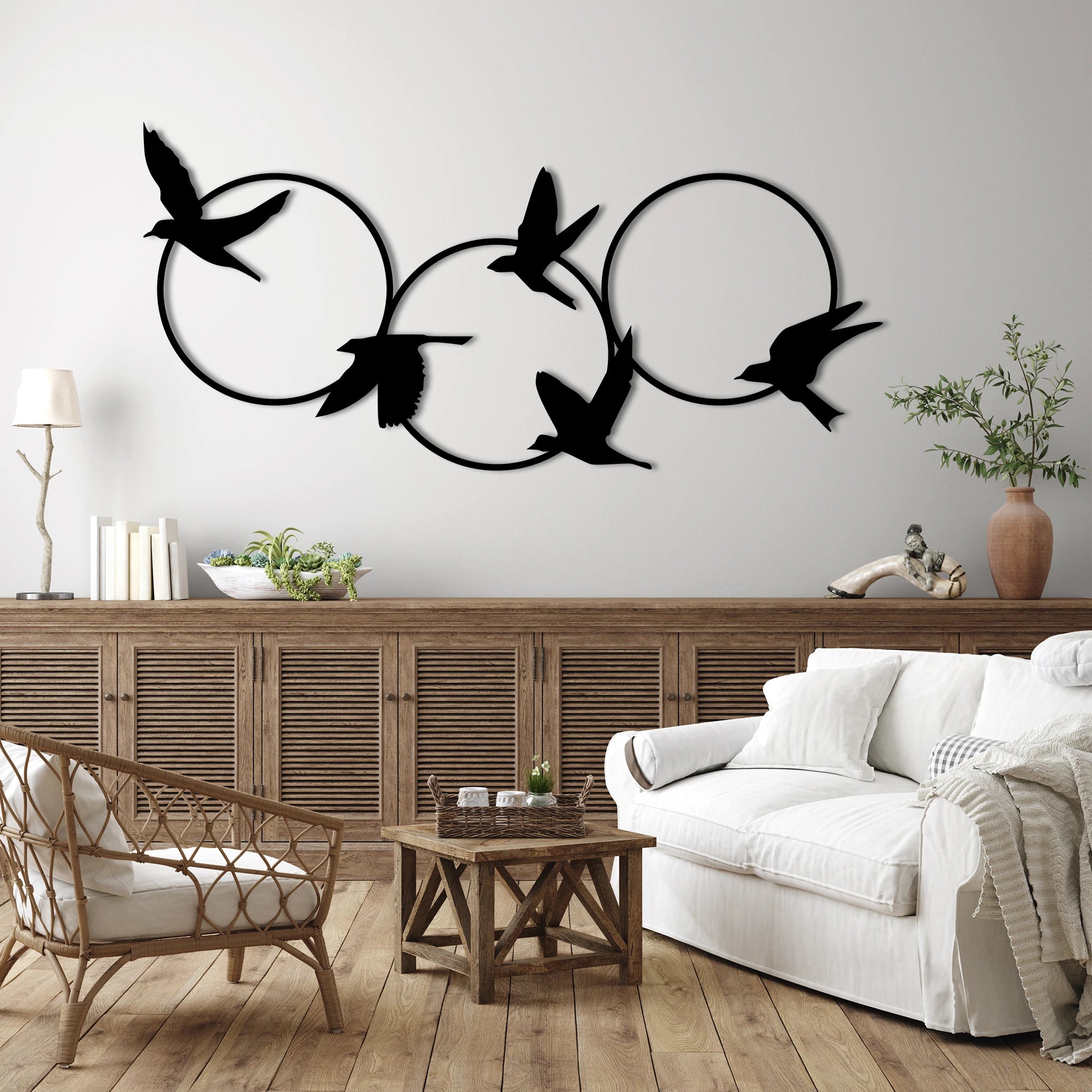 Contemporary Birds Circles Metal Wall Art 83 × 39 cm / Black