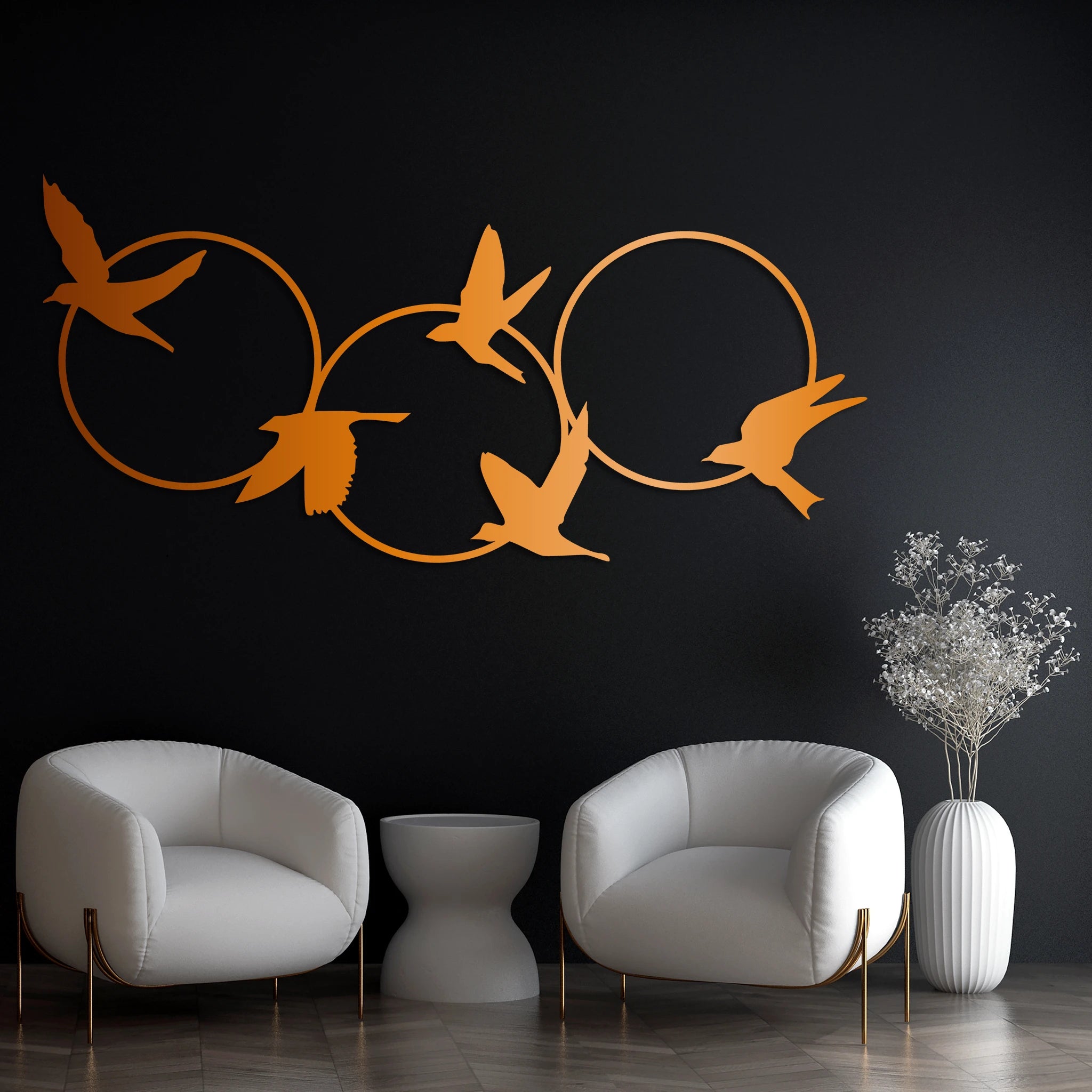 Contemporary Birds Circles Metal Wall Art 83 × 39 cm / Black