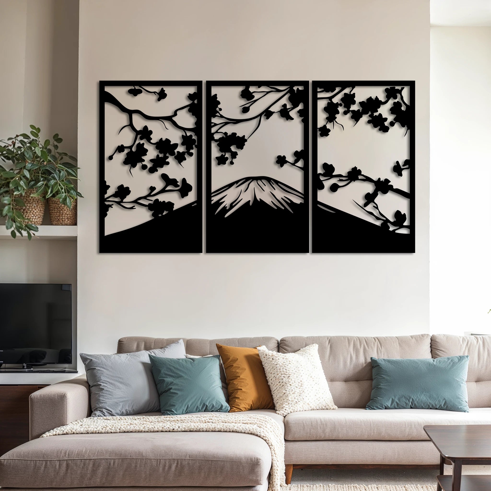 Serene Sakura Mountain Metal Wall Art Set 39 × 65 cm / Black