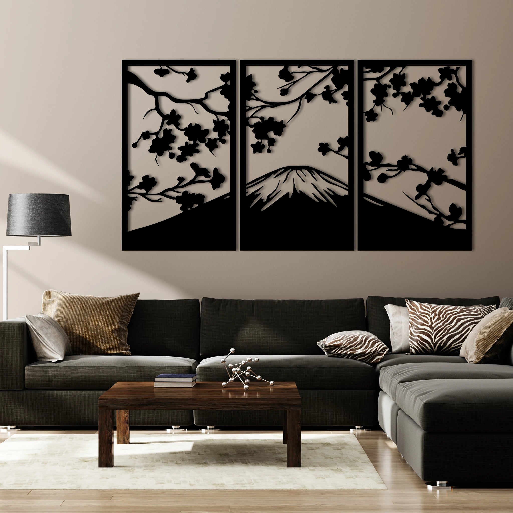 Serene Sakura Mountain Metal Wall Art Set 39 × 65 cm / Black