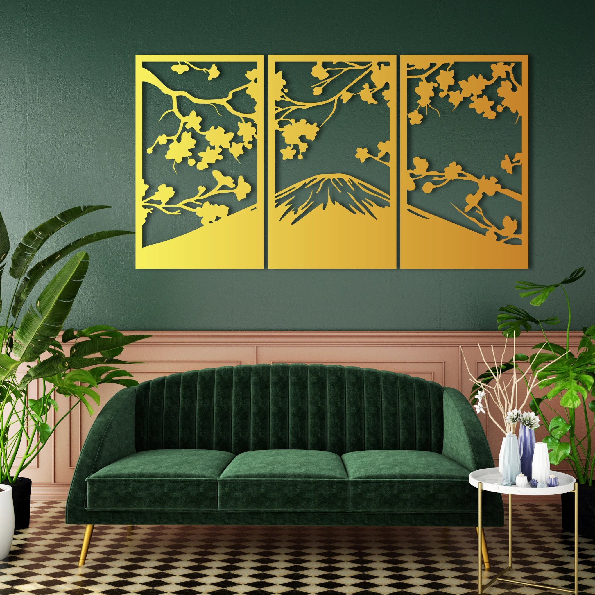 Serene Sakura Mountain Metal Wall Art Set 39 × 65 cm / Black