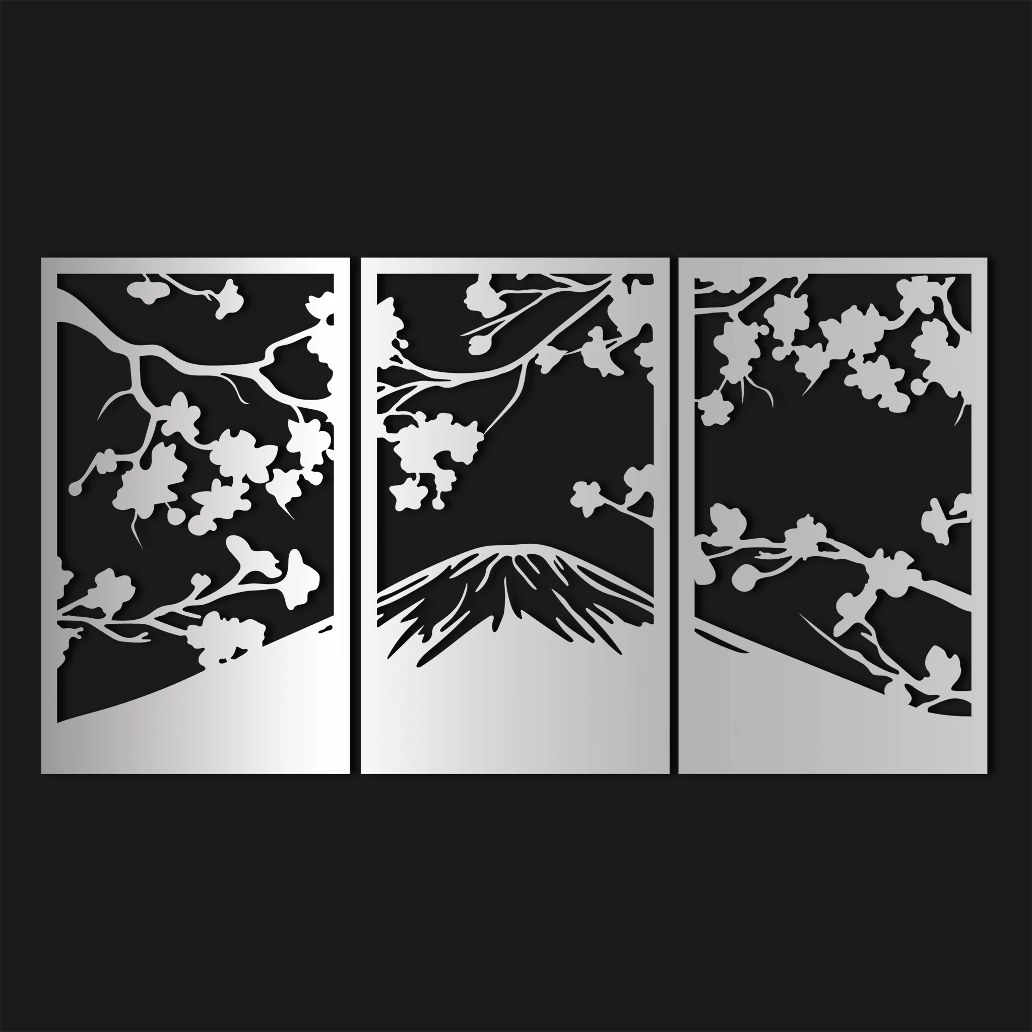 Serene Sakura Mountain Metal Wall Art Set 39 × 65 cm / Black