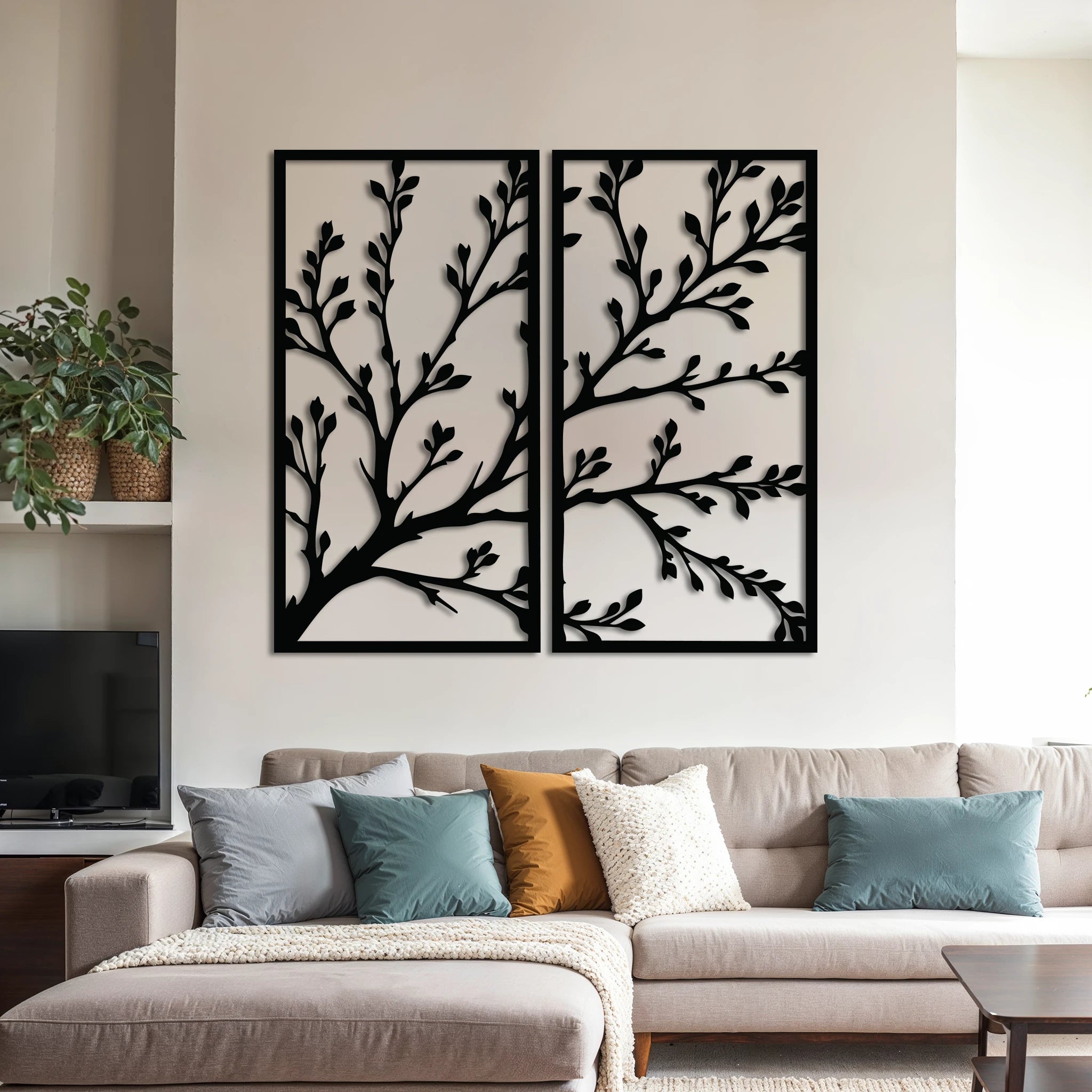 Refined Botanical Branch Metal Wall Art Set 40 × 75 cm / Black