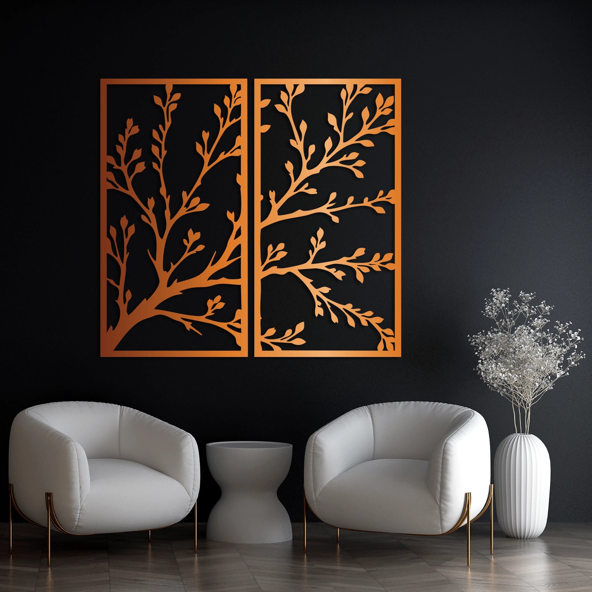 Refined Botanical Branch Metal Wall Art Set 40 × 75 cm / Black