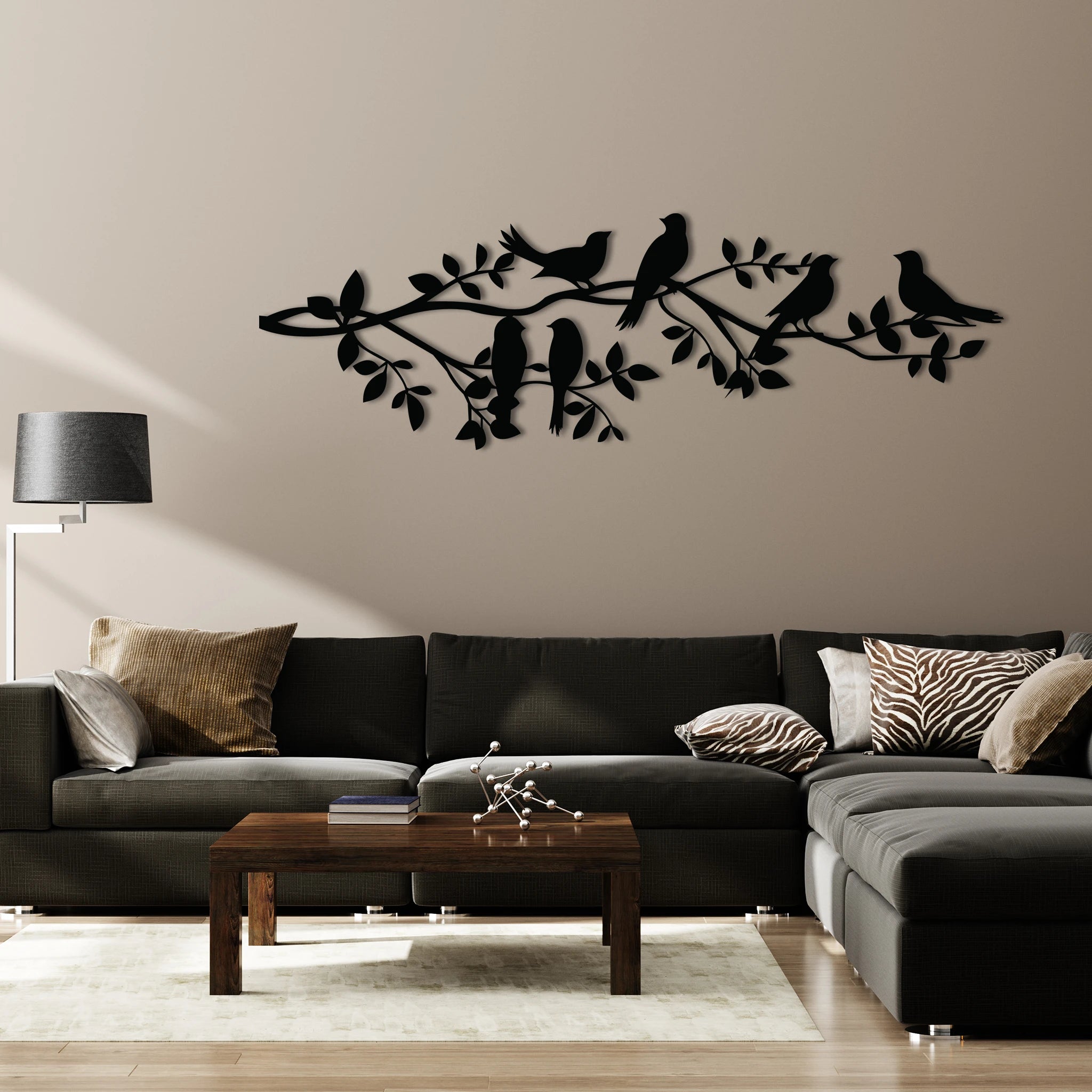 Charming Birds on Branch Metal Wall Art 95 × 30 cm / Black