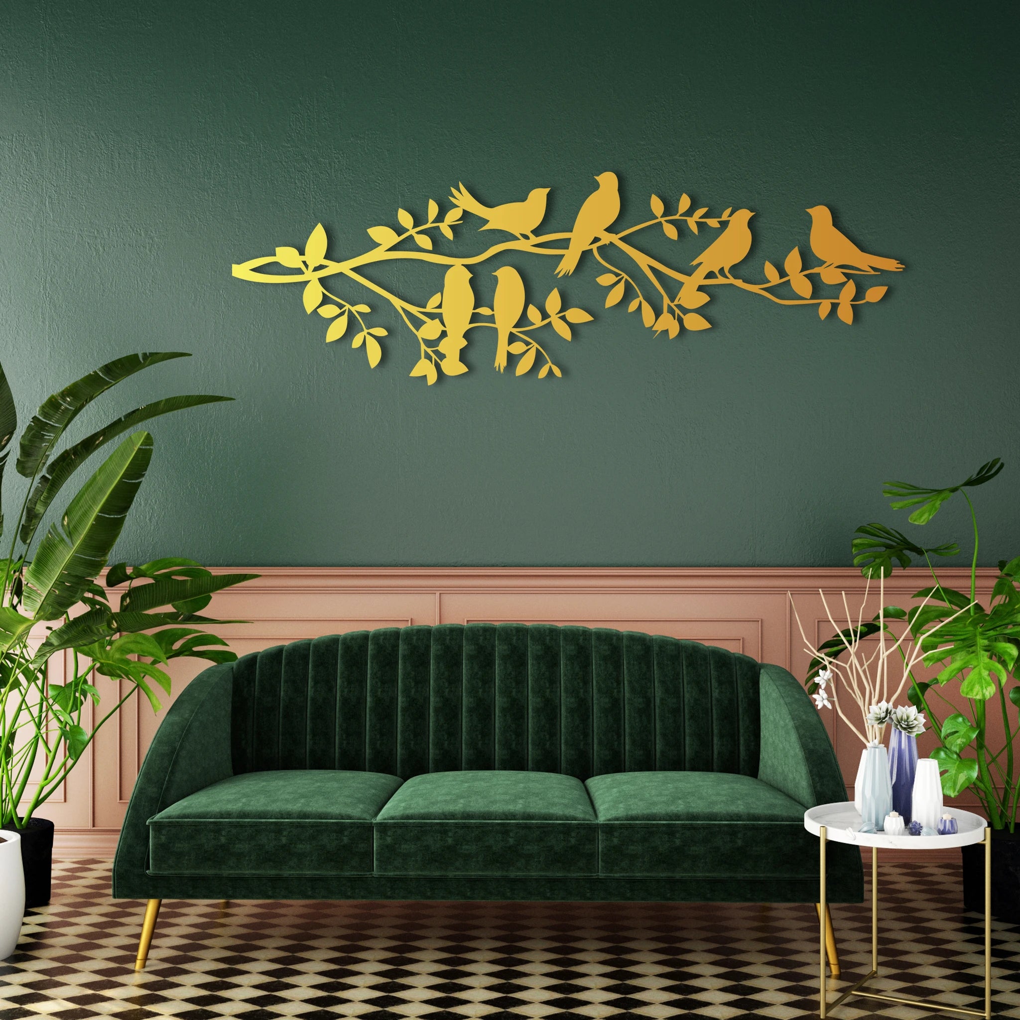 Charming Birds on Branch Metal Wall Art 95 × 30 cm / Black