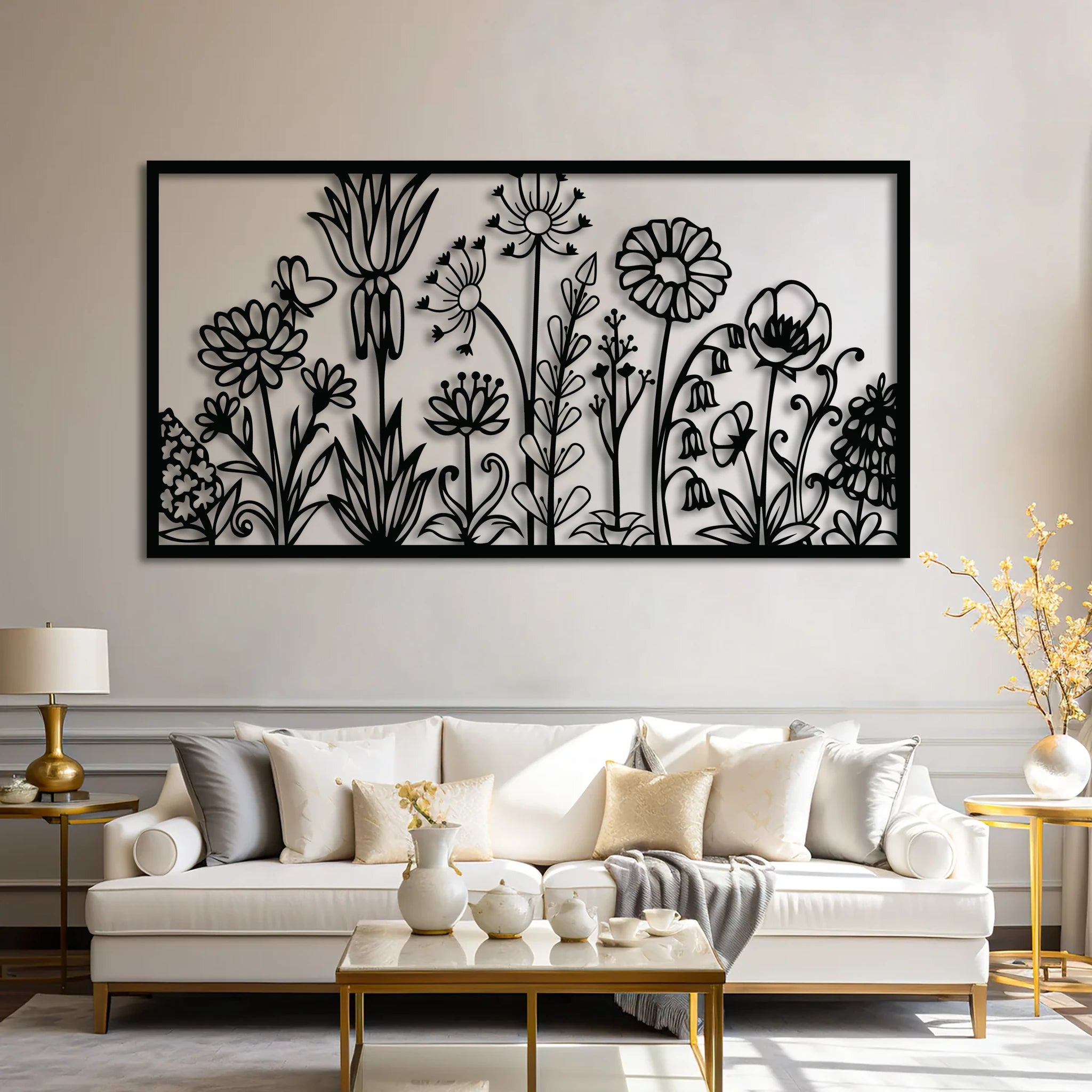 Whimsical Wildflower Garden Metal Wall Art 75 x 39 cm / Black