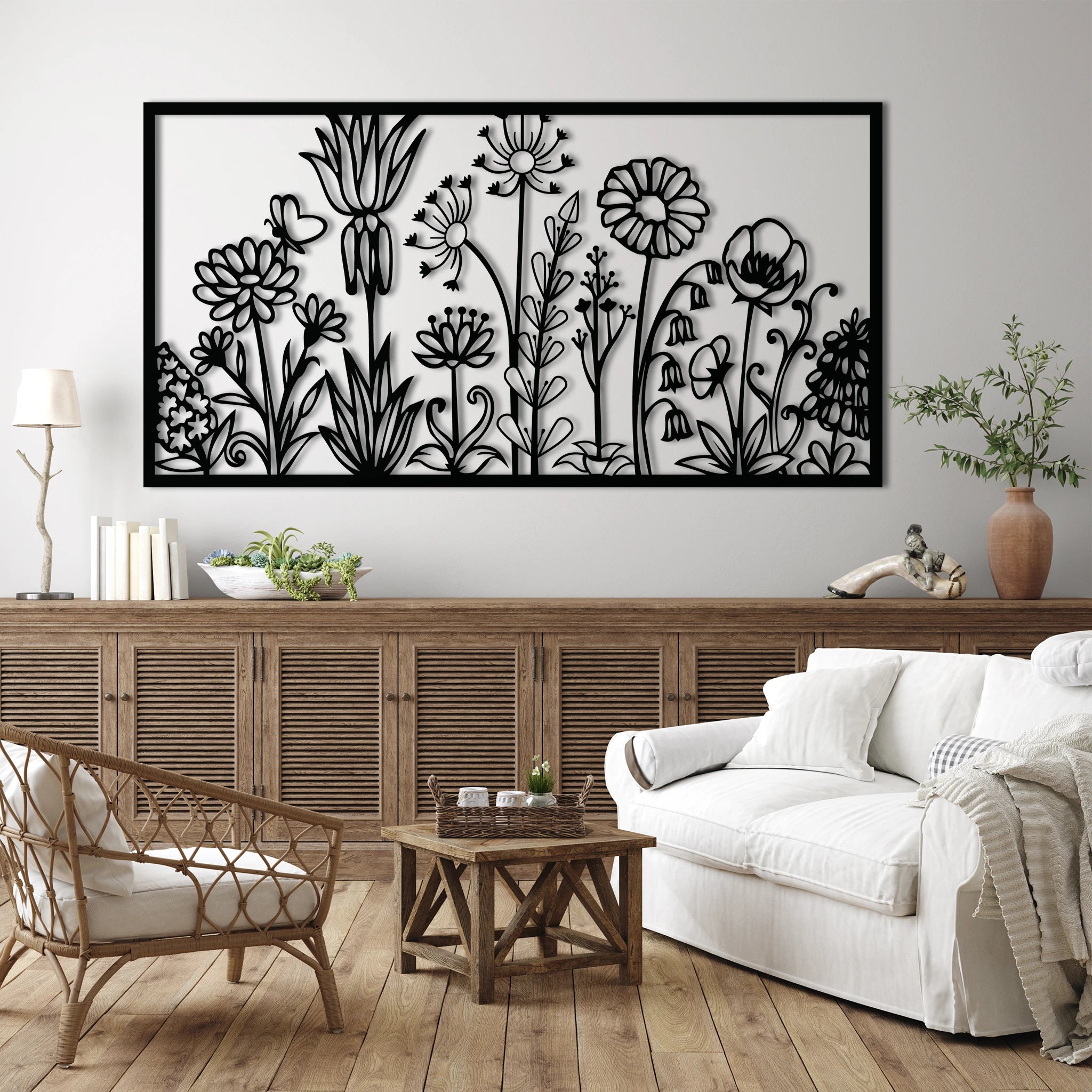 Whimsical Wildflower Garden Metal Wall Art 75 x 39 cm / Black