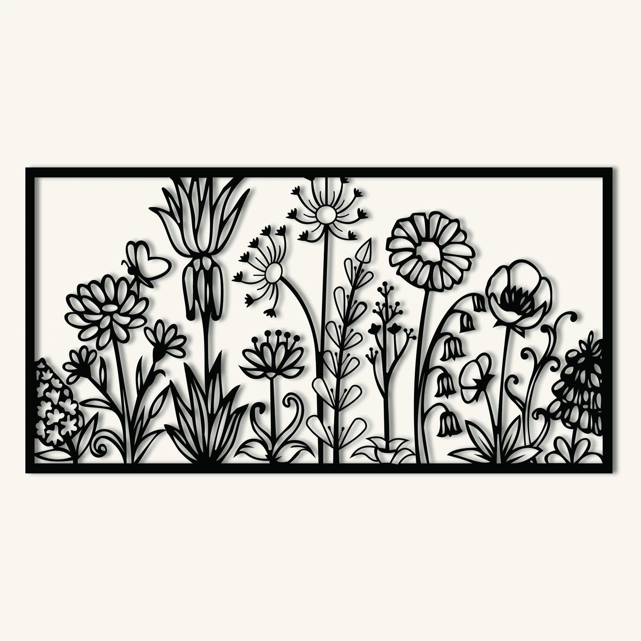 Whimsical Wildflower Garden Metal Wall Art 75 x 39 cm / Black