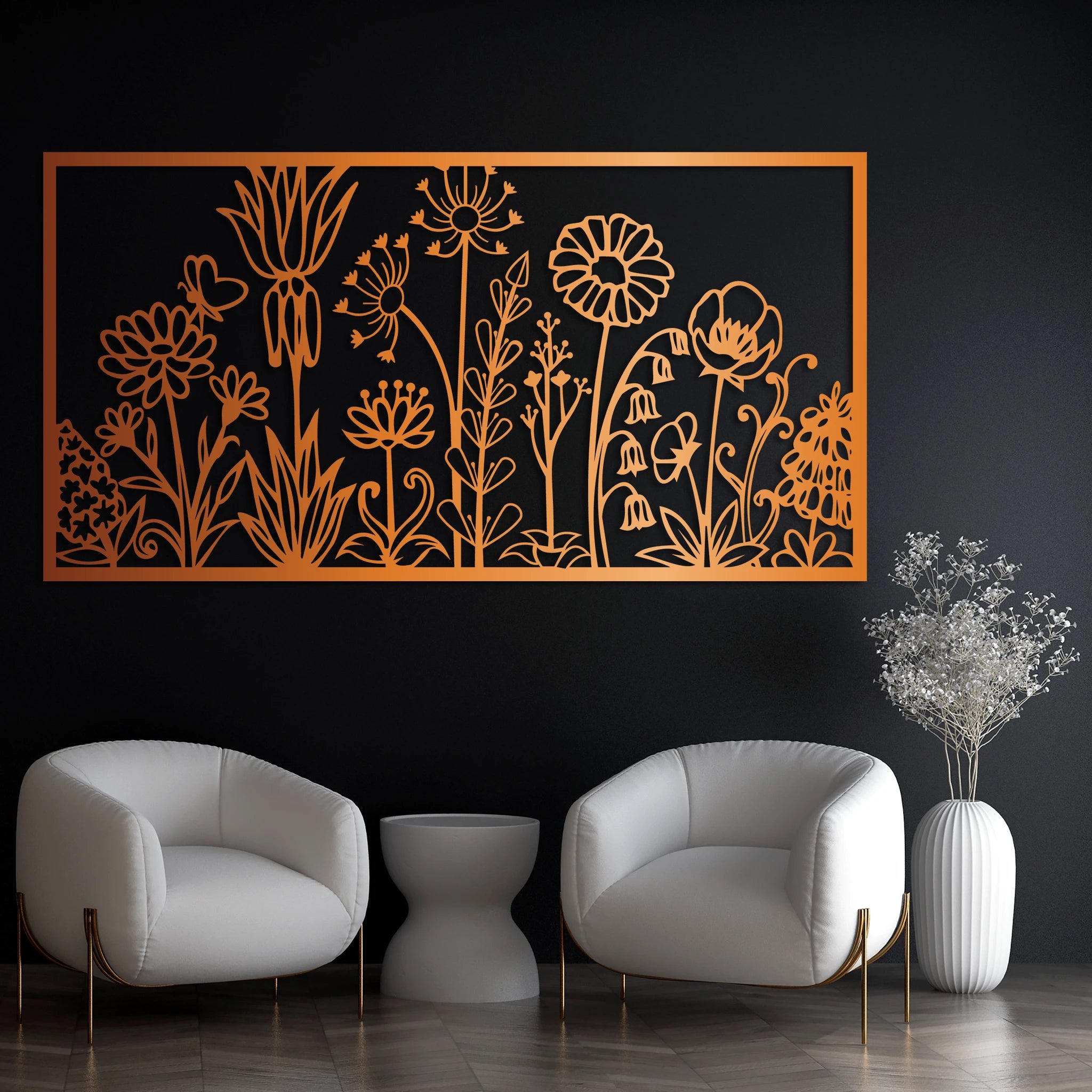 Whimsical Wildflower Garden Metal Wall Art 75 x 39 cm / Black