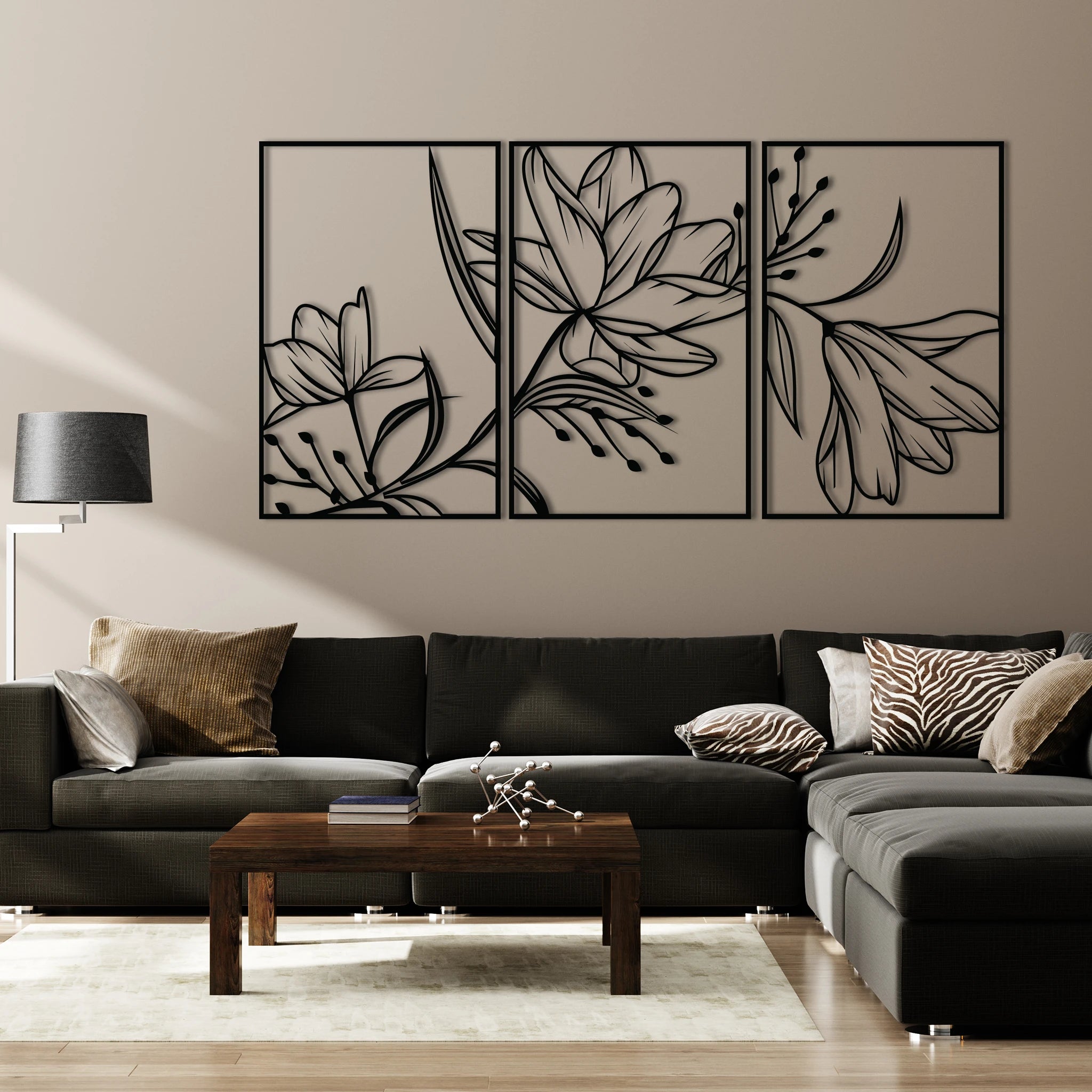 Sculptural Lily Flower Metal Wall Art Set 48 x 75 cm / Black