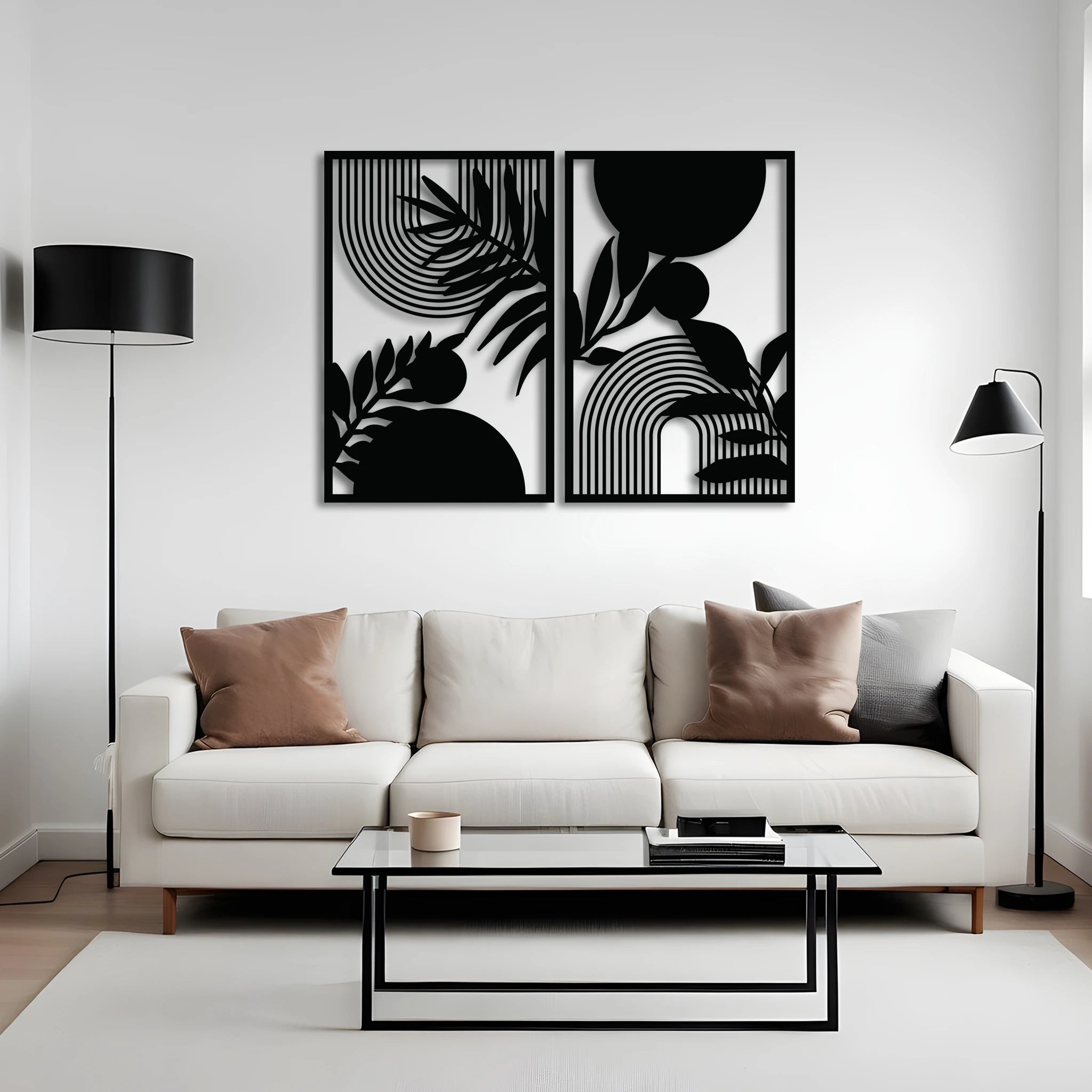 Minimal Geometric Leaf Metal Wall Art Set 48 x 73 cm / Black