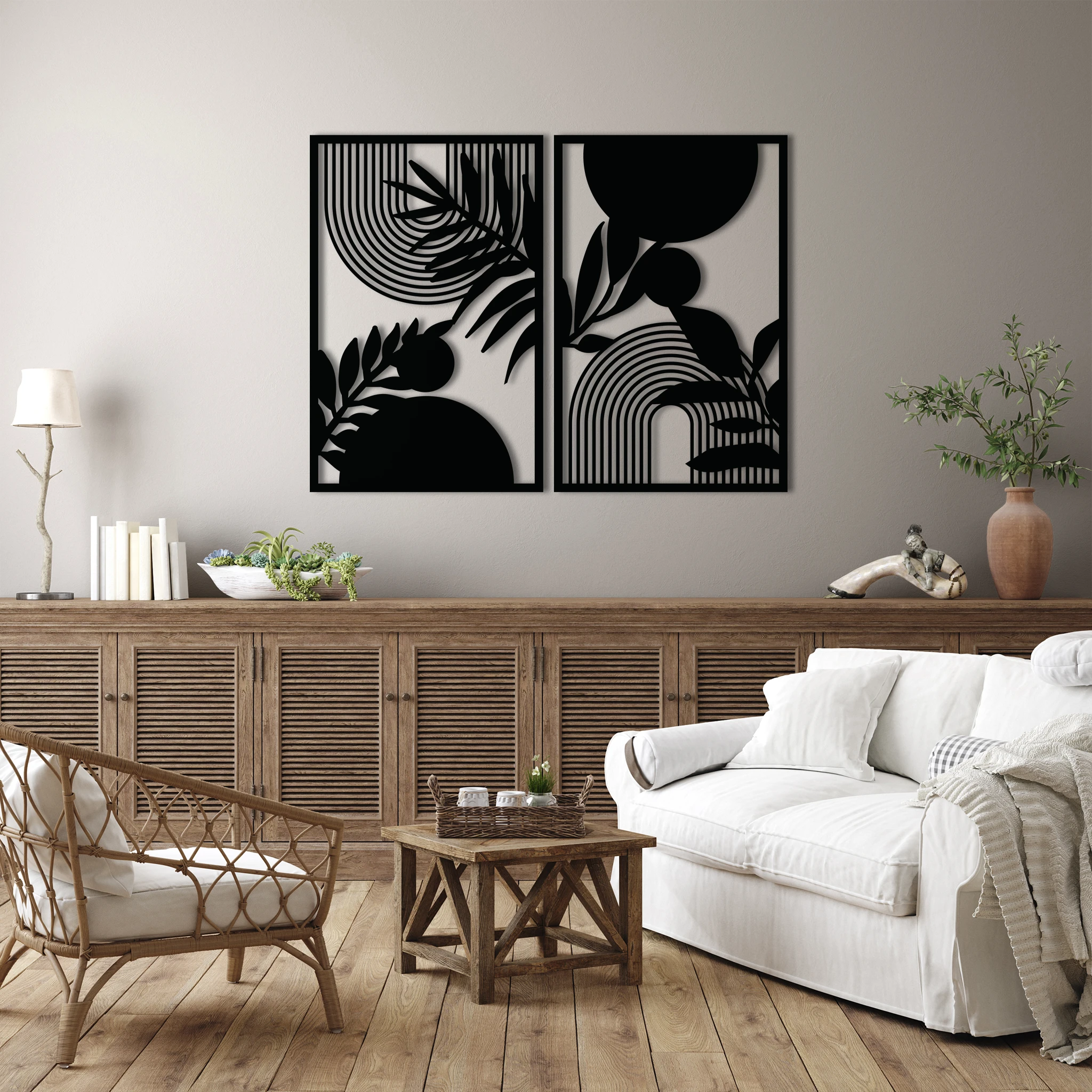 Minimal Geometric Leaf Metal Wall Art Set 48 x 73 cm / Black