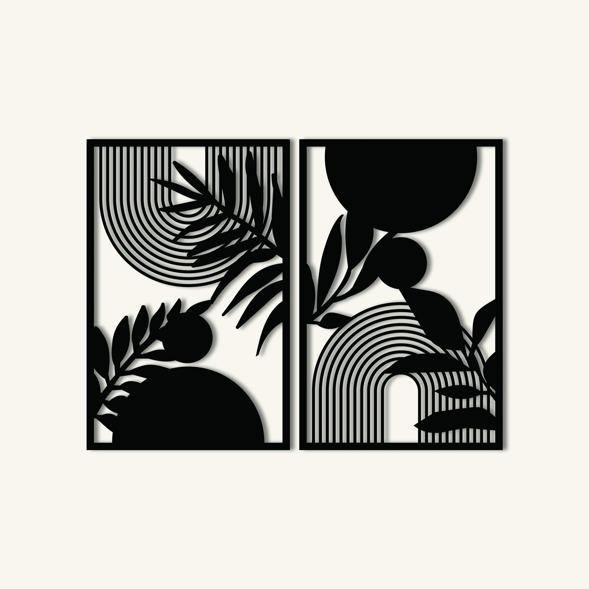 Minimal Geometric Leaf Metal Wall Art Set 48 x 73 cm / Black