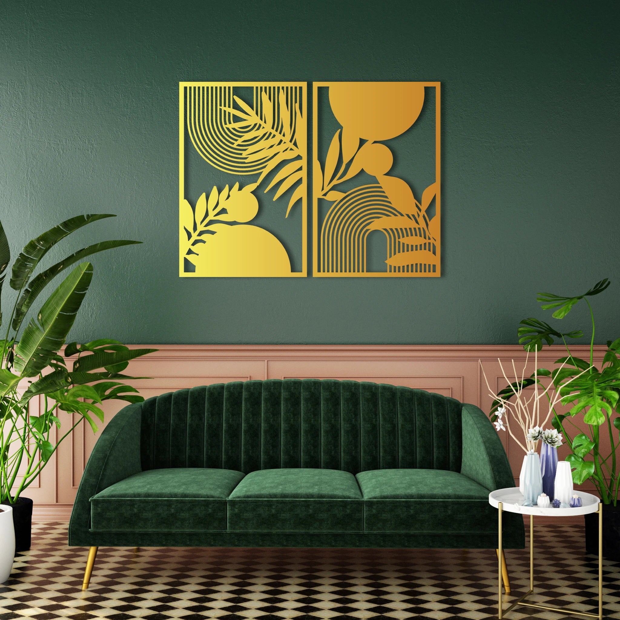 Minimal Geometric Leaf Metal Wall Art Set 48 x 73 cm / Black