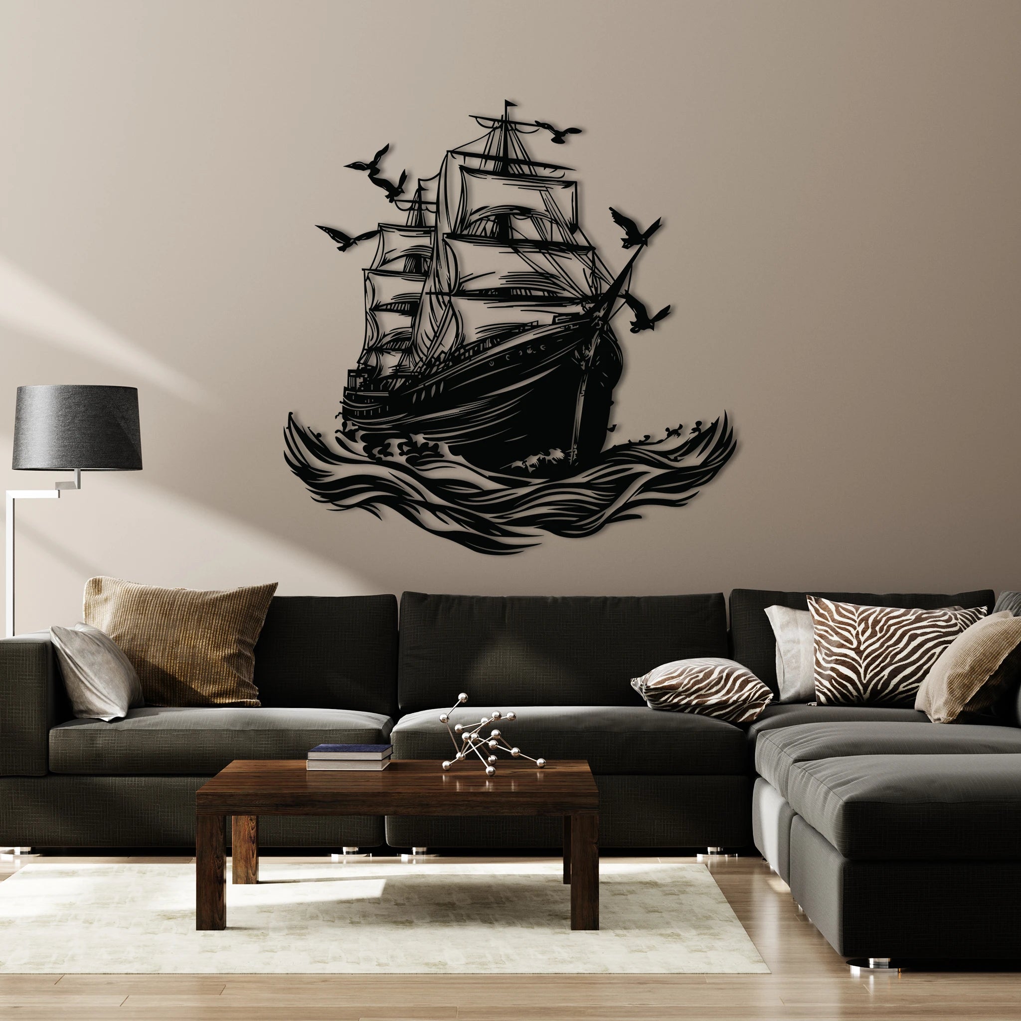 Classic Sailing Ship Metal Wall Art 61 x 62 cm / Black